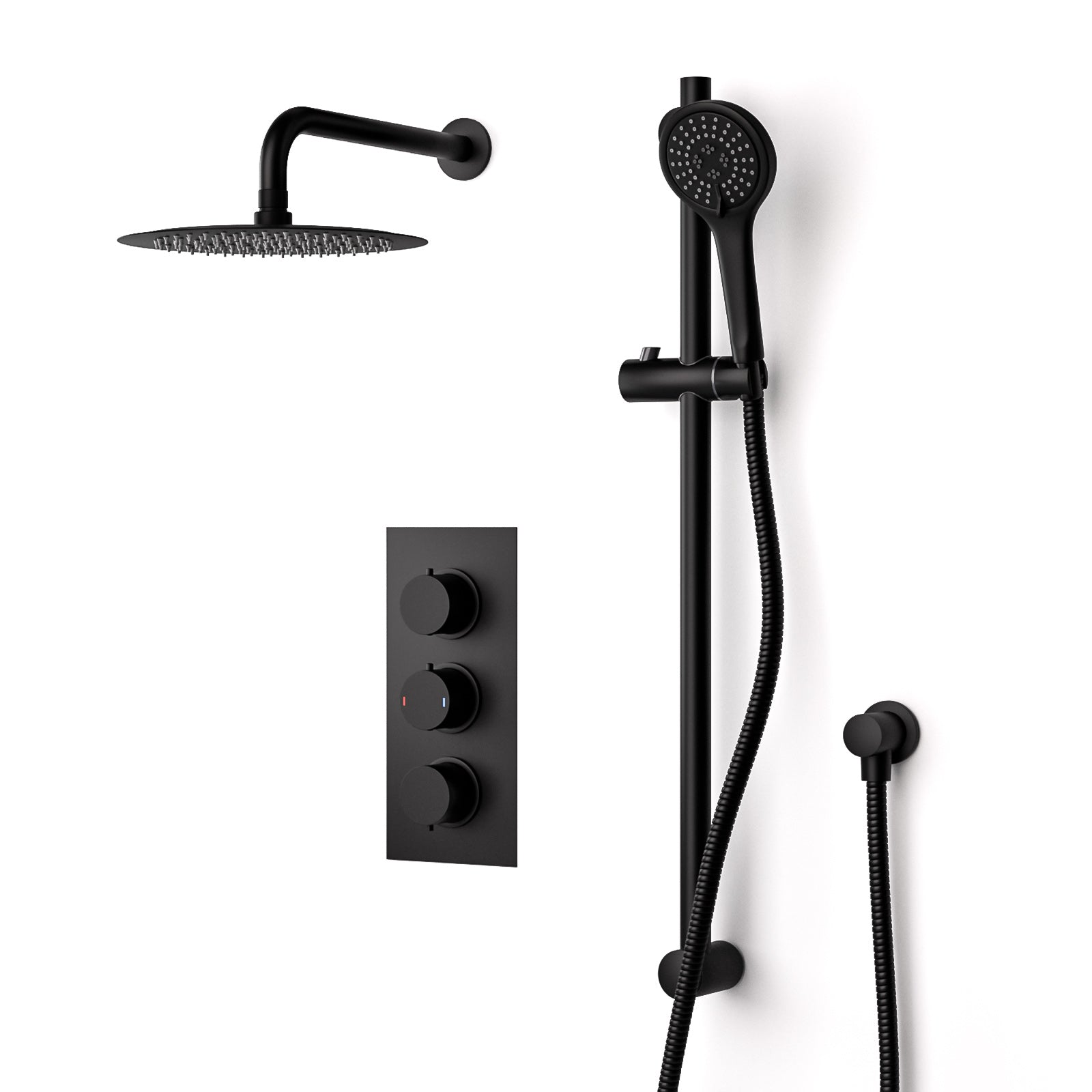 Temel Overhead Rainfall Shower Matt Black Thermostatic Mixer Valve and Handheld