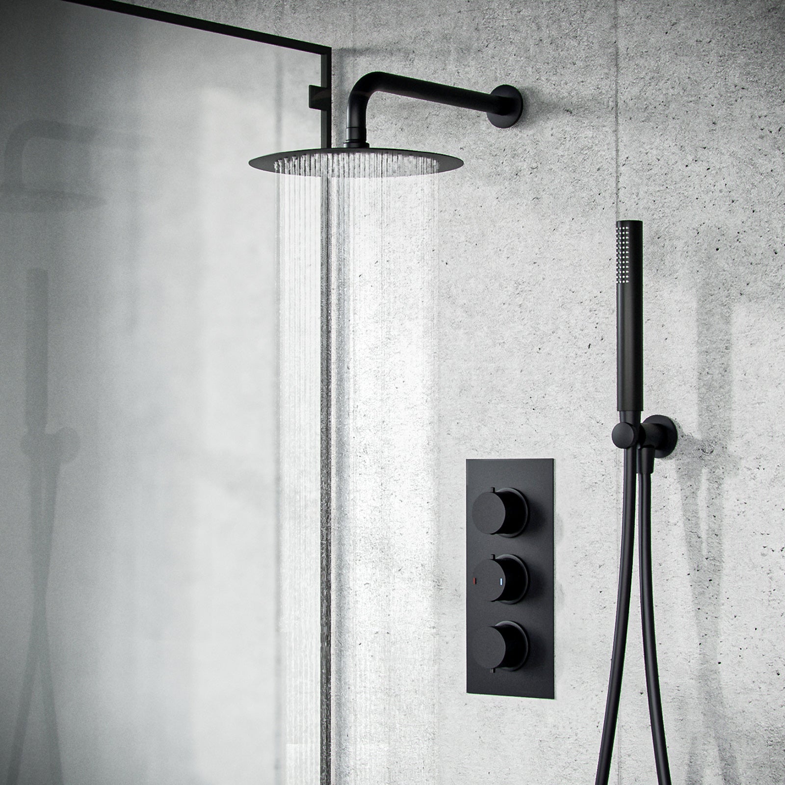 Temel 2 Way Matte Black Thermostatic Shower Mixer Valve With Handset, Head & Arm Set