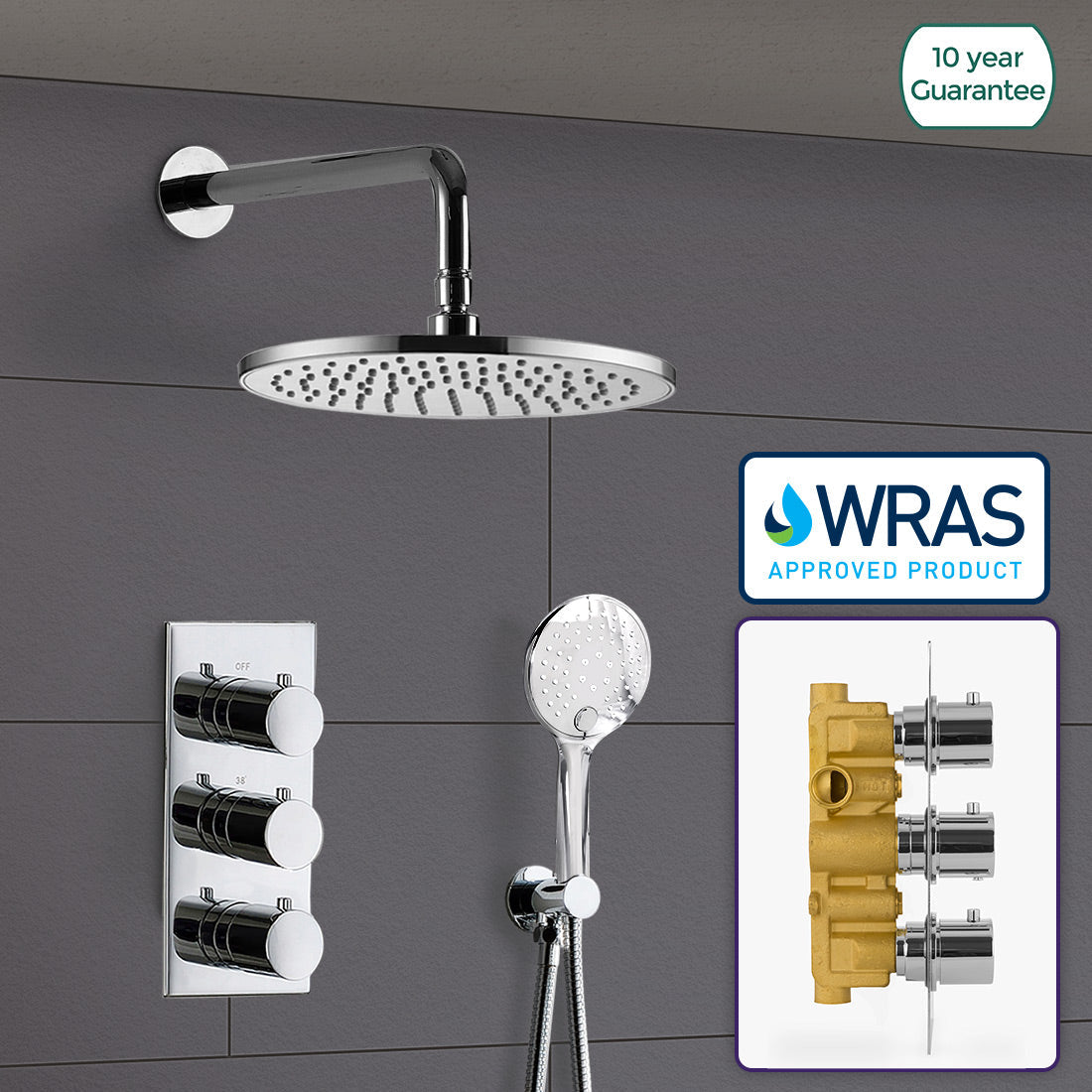 Calla Round Shower Head Handset 2 Way 3 Dial Concealed Thermostatic Mixer