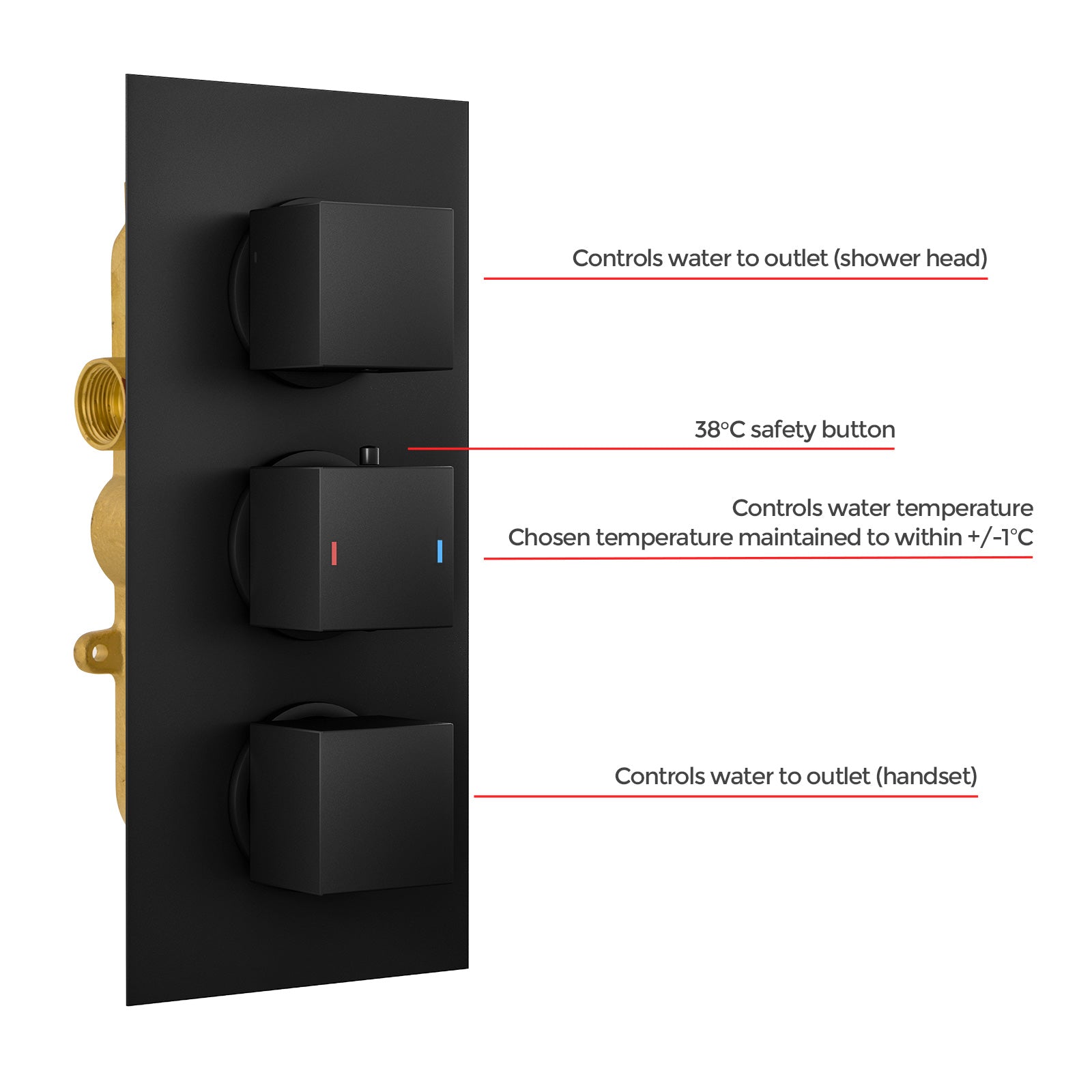 Temel Twin Head Matte Black Rainfall Shower Concealed Mixer Valve 3 Dial 2 Way