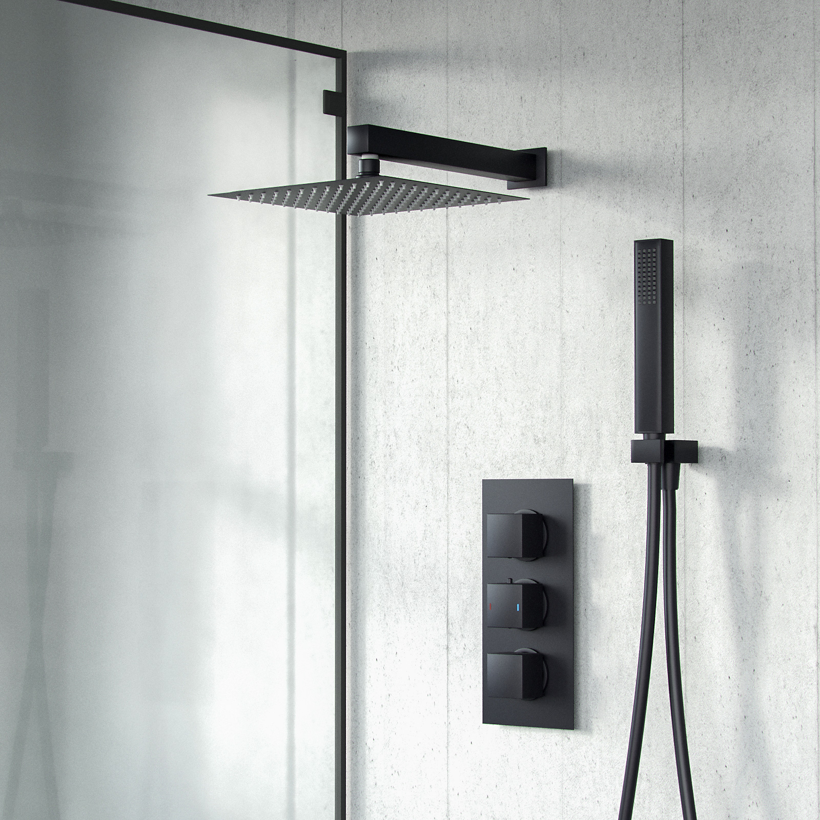 Temel Matte Black Square Shower Head Concealed Thermostatic Mixer Valve Handheld