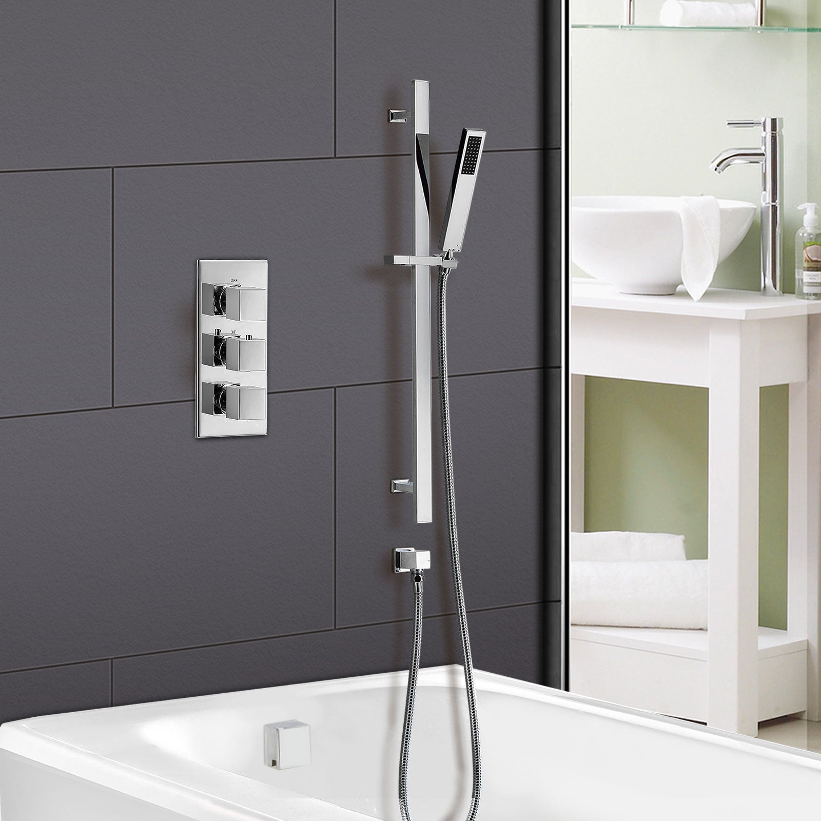 Rose Concealed 2 Way Thermostatic Shower Mixer Handset Slider Rail & Bath Filler with Sprung Waste & Overflow