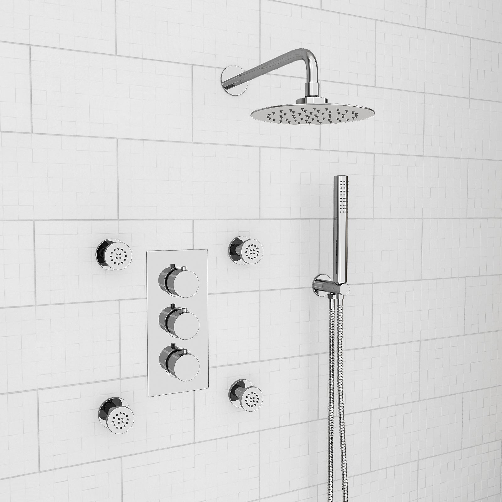Chrome Round 3 Way Concealed Thermostatic Shower Mixer Valve Shower Head Handset Body Jets Set