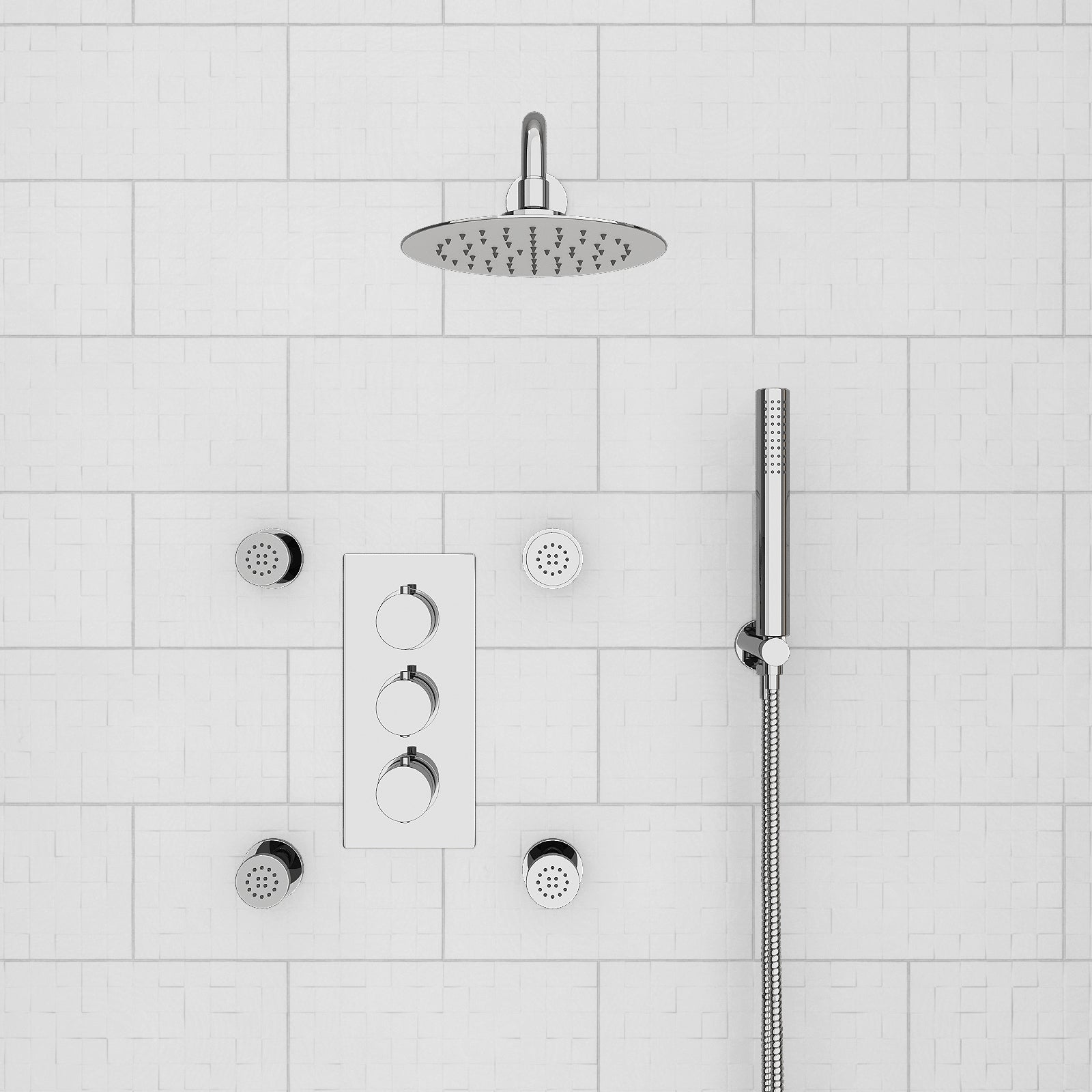 Chrome Round 3 Way Concealed Thermostatic Shower Mixer Valve Shower Head Handset Body Jets Set