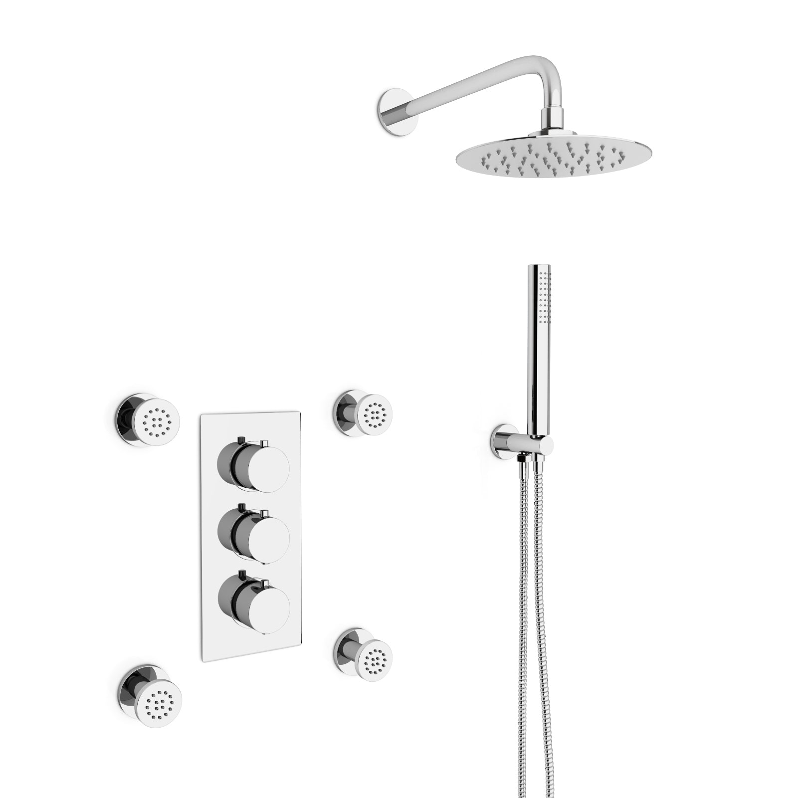 Chrome Round 3 Way Concealed Thermostatic Shower Mixer Valve Shower Head Handset Body Jets Set