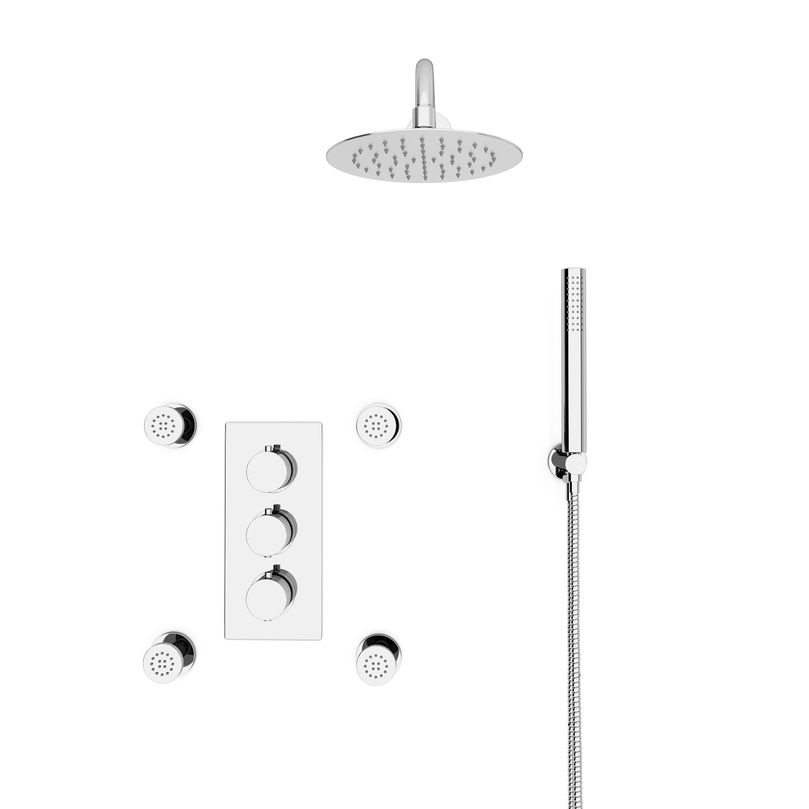 Chrome Round 3 Way Concealed Thermostatic Shower Mixer Valve Shower Head Handset Body Jets Set
