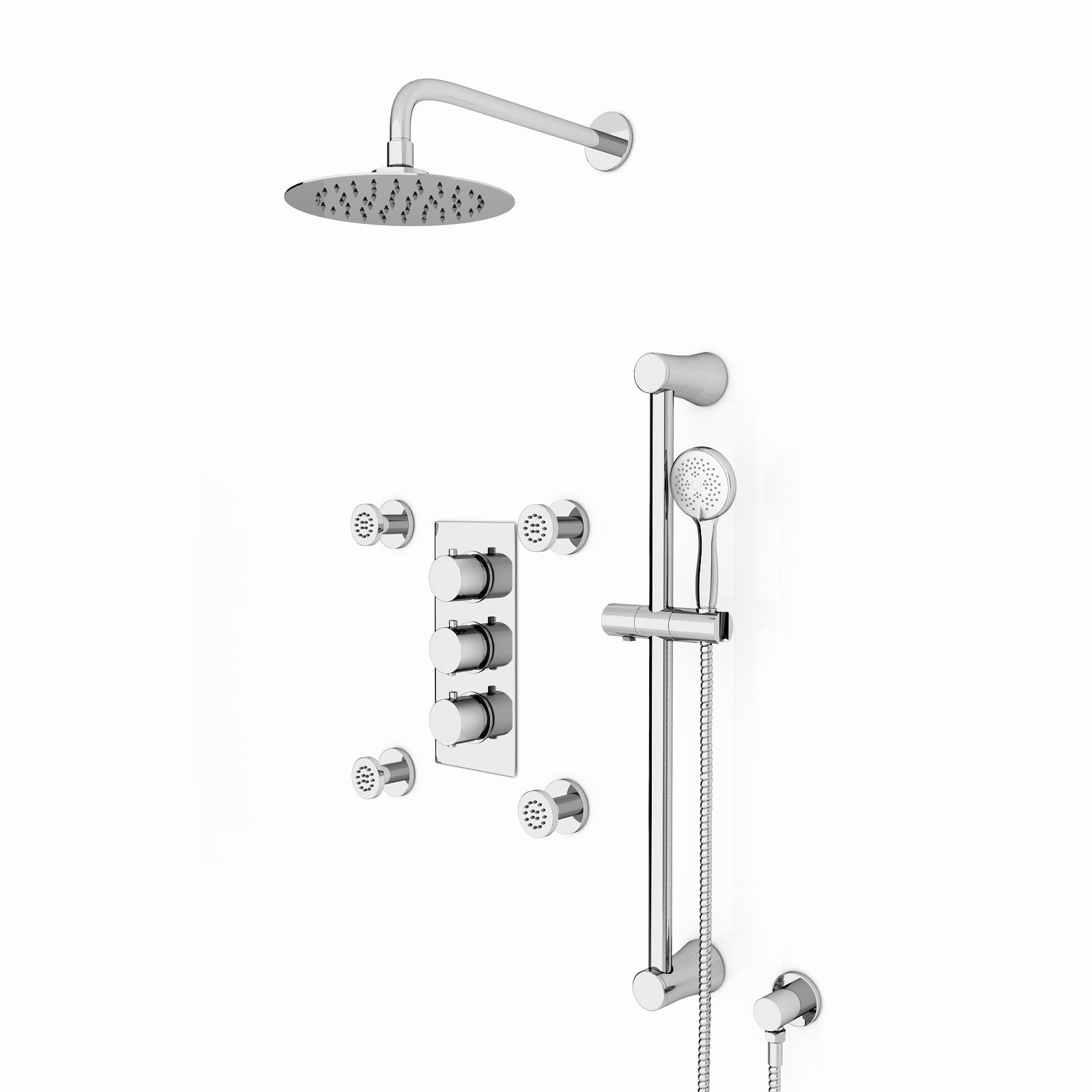 Flora 3 Way Concealed Thermostatic Shower Mixer Valve, Shower Head, Slider Rail kit, Body Jets Set Chrome