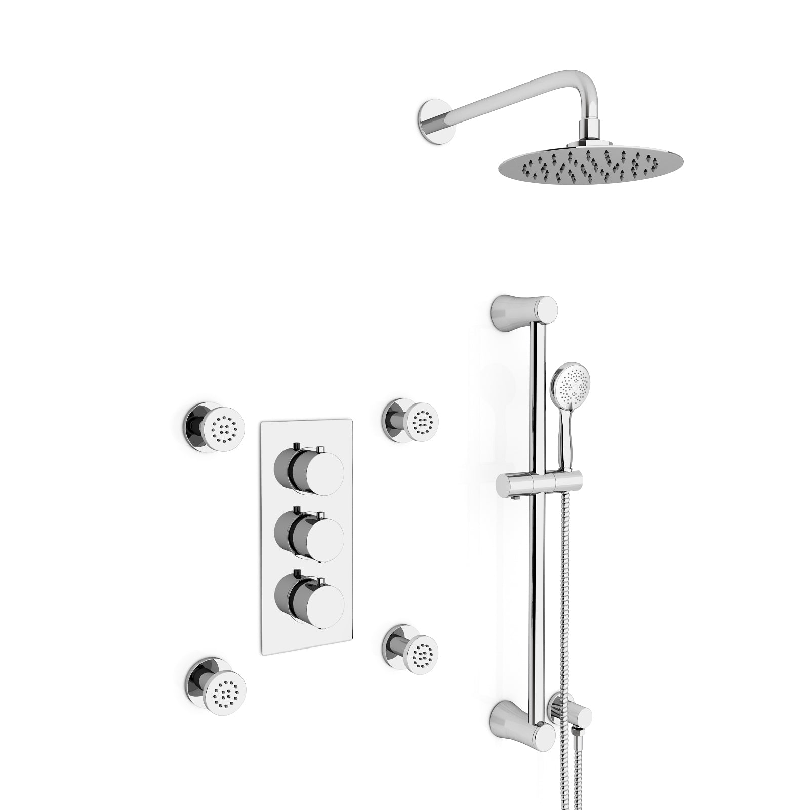Flora 3 Way Concealed Thermostatic Shower Mixer Valve, Shower Head, Slider Rail kit, Body Jets Set Chrome