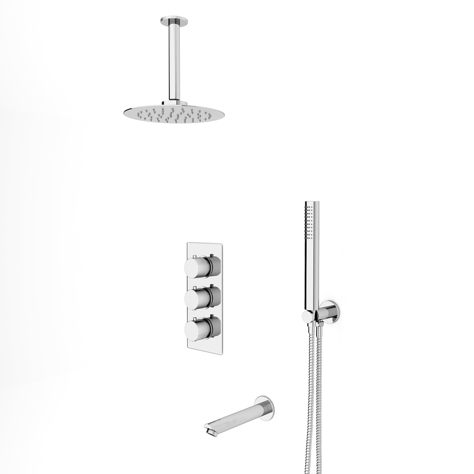 Flora Round 3 Way Concealed Thermostatic Shower Mixer Valve, Shower Head, Arm, Handset, Spout Set Chrome