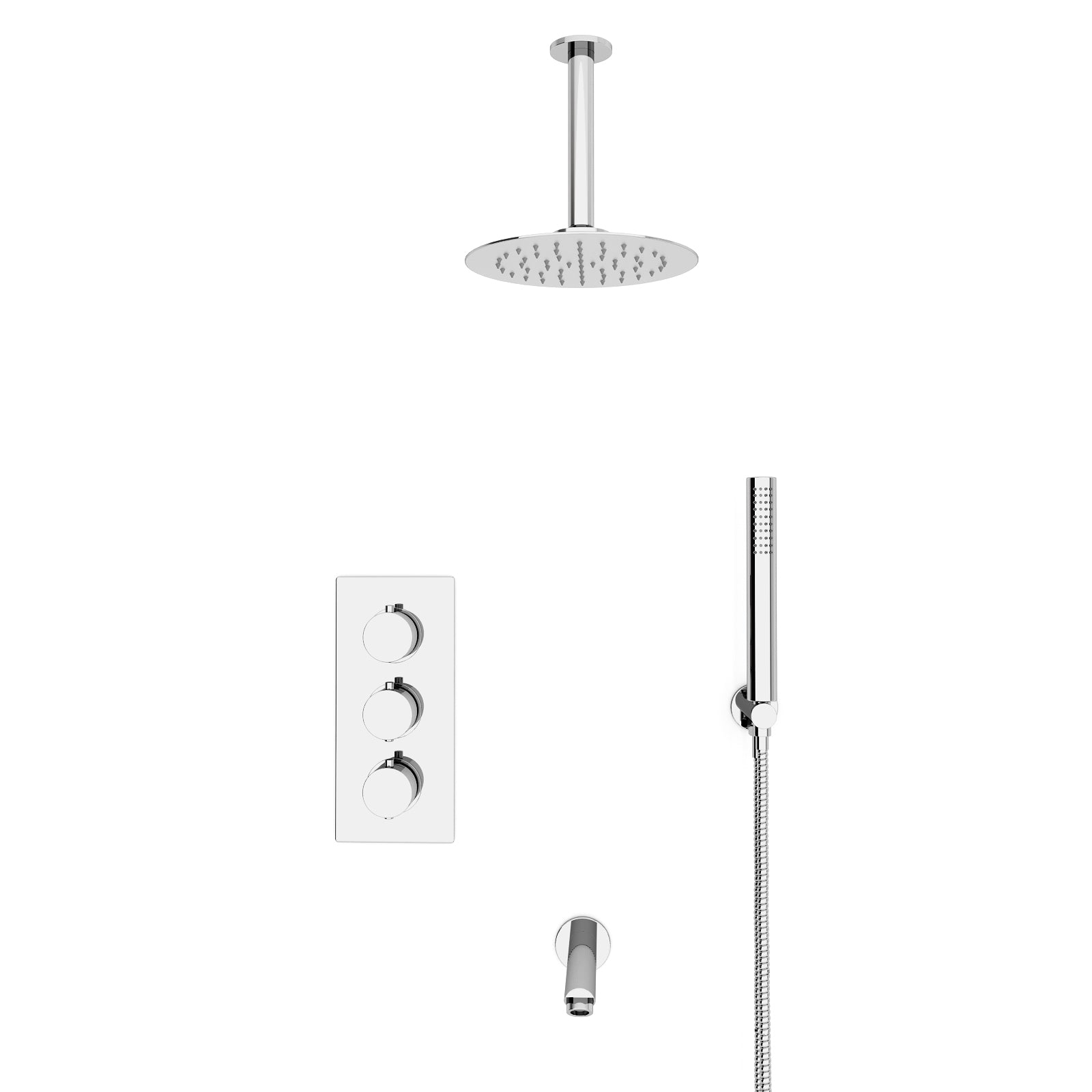Flora Round 3 Way Concealed Thermostatic Shower Mixer Valve, Shower Head, Arm, Handset, Spout Set Chrome