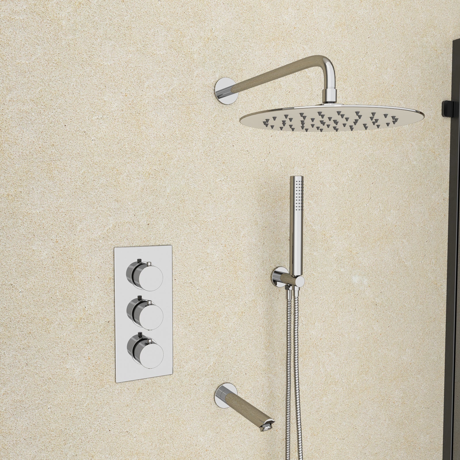 Chrome Round 3 Way Concealed Thermostatic Shower Mixer Valve Shower Head Handset Bath Spout Set