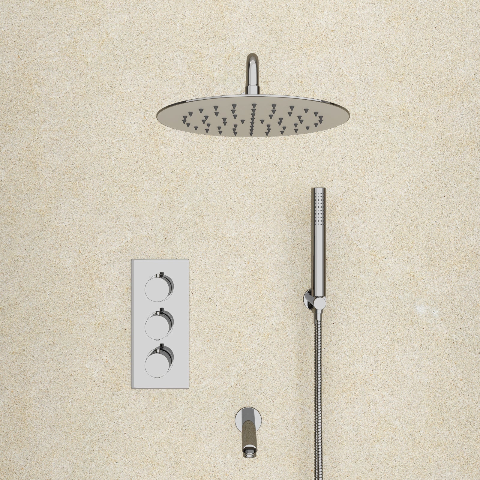 Chrome Round 3 Way Concealed Thermostatic Shower Mixer Valve Shower Head Handset Bath Spout Set