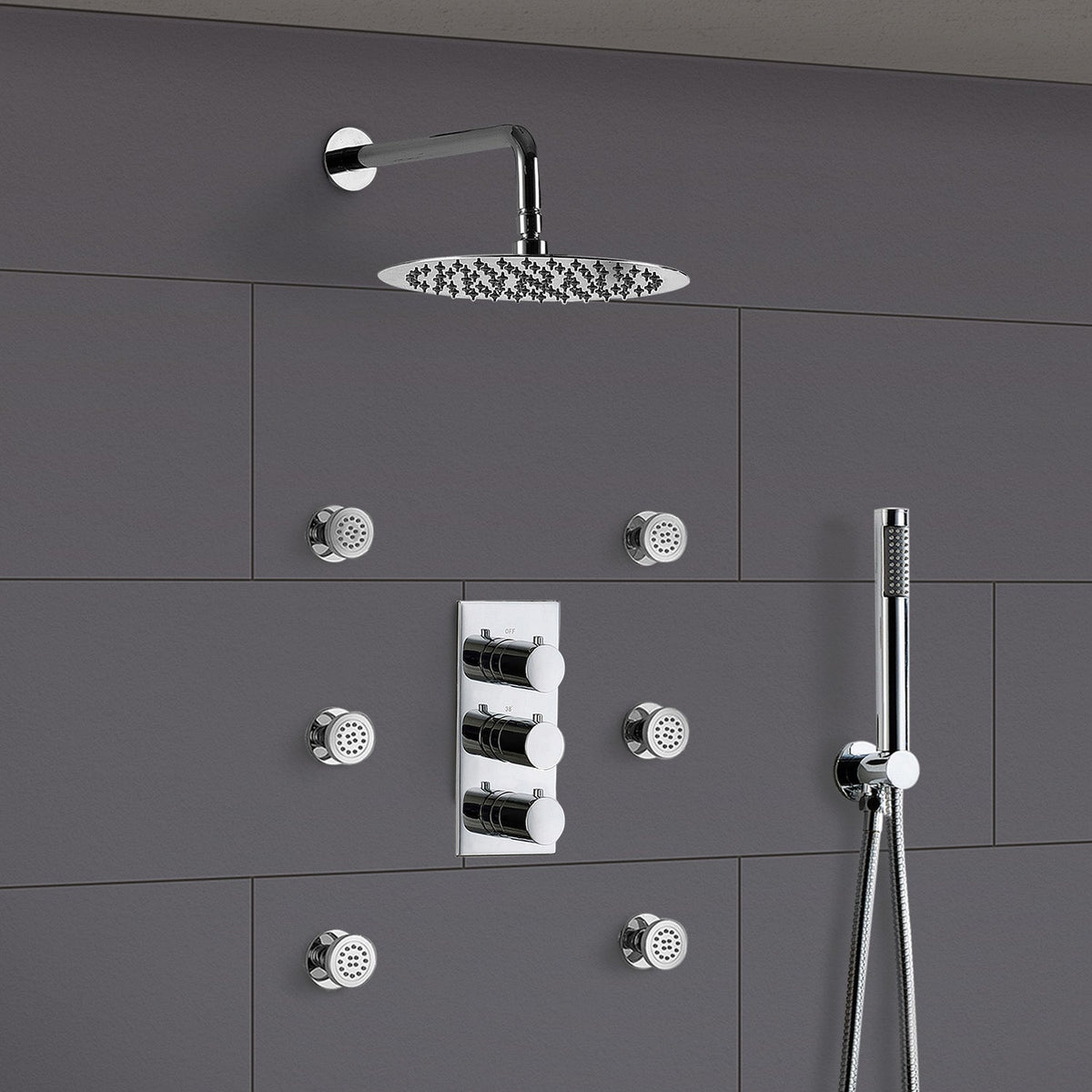 Flora 3 Dial 3 Way Round Set - Slim Shower Head, Handset & Body Jets