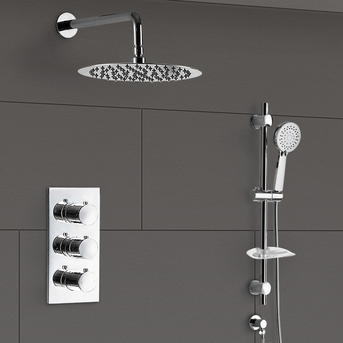 Flora Chrome Round 3 Way Concealed Thermostatic Shower Mixer Set - Slider Rail, Shower Head, Handset & Bath Filler Spout