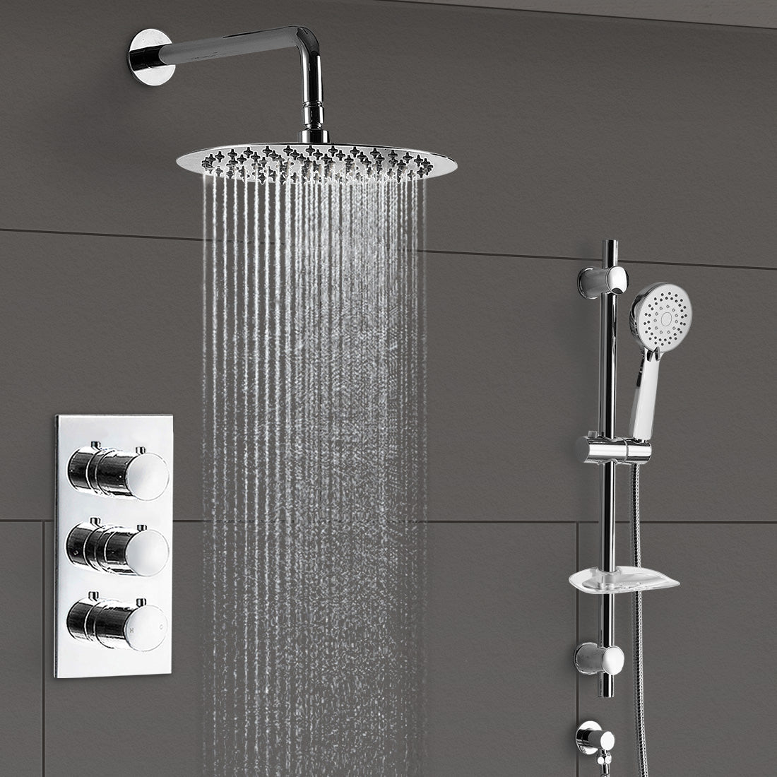 Flora Chrome Round 3 Way Concealed Thermostatic Shower Mixer Set - Slider Rail, Shower Head, Handset & Bath Filler Spout