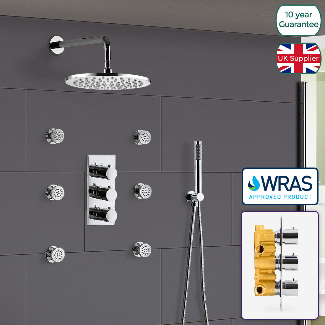 Lilly 3 Dial 3 Way Round Concealed Thermostatic Mixer Valve Hand Held Shower Body Jet