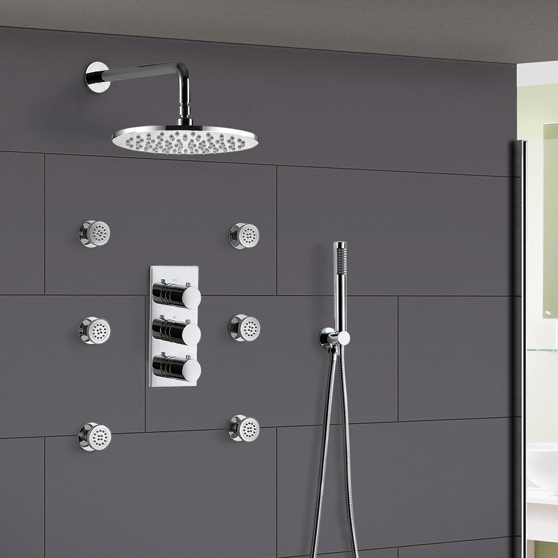 Modern Three-Dial Three-Way Concealed Thermostatic Valve With Shower Head Pencil Handset And Body Jet Kit