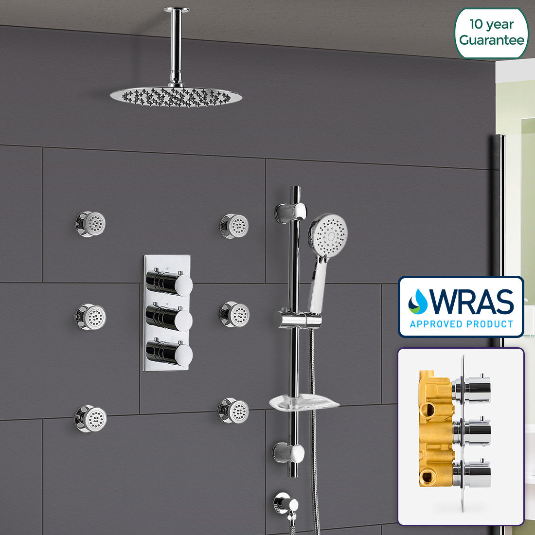 Flora 3 Dial 3 Way Round Set - Slim Shower Head, Handset & Body Jets