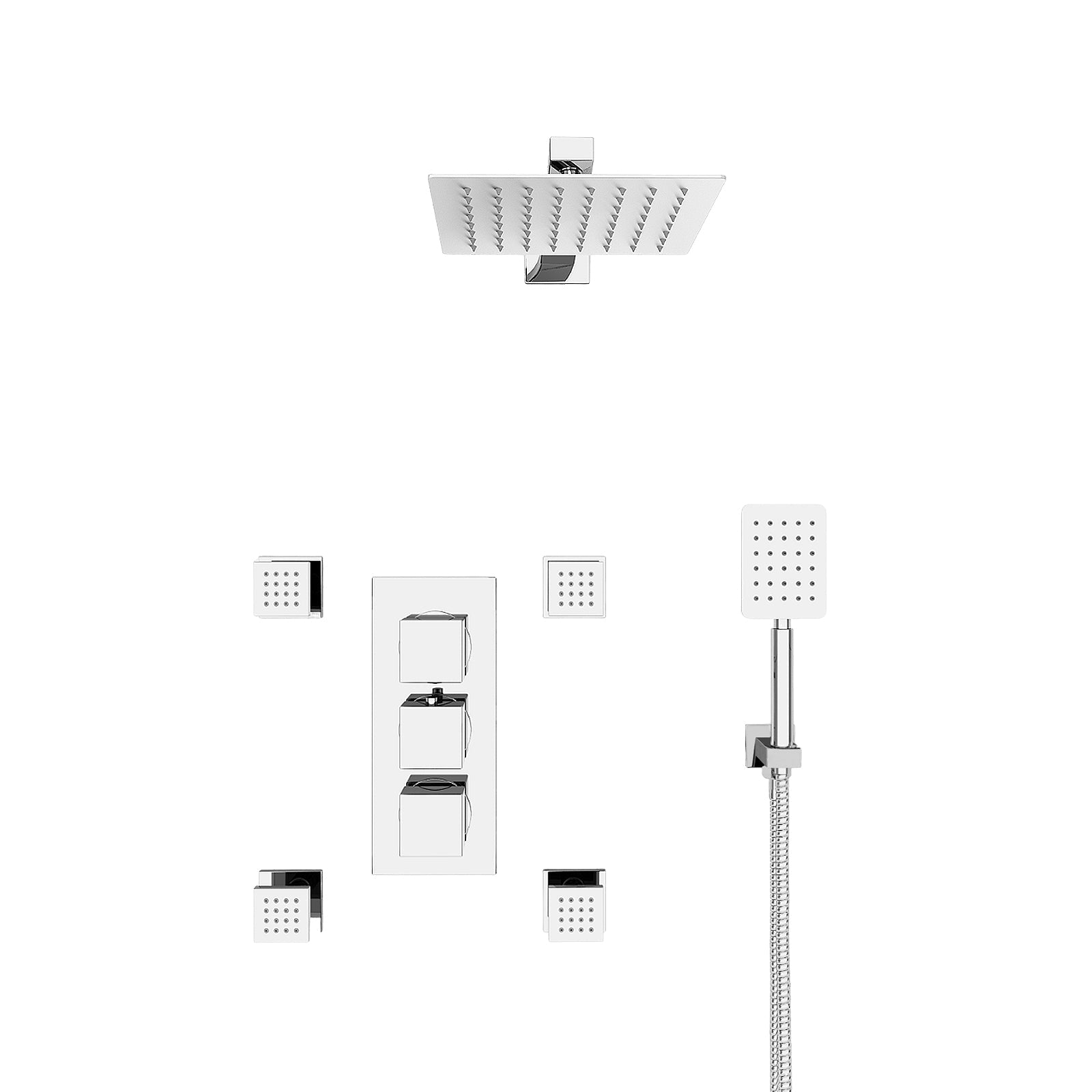Olive Square 3 Way Concealed Thermostatic Shower Mixer Valve, Shower Head, Handheld, 4x Body Jets Set Chrome