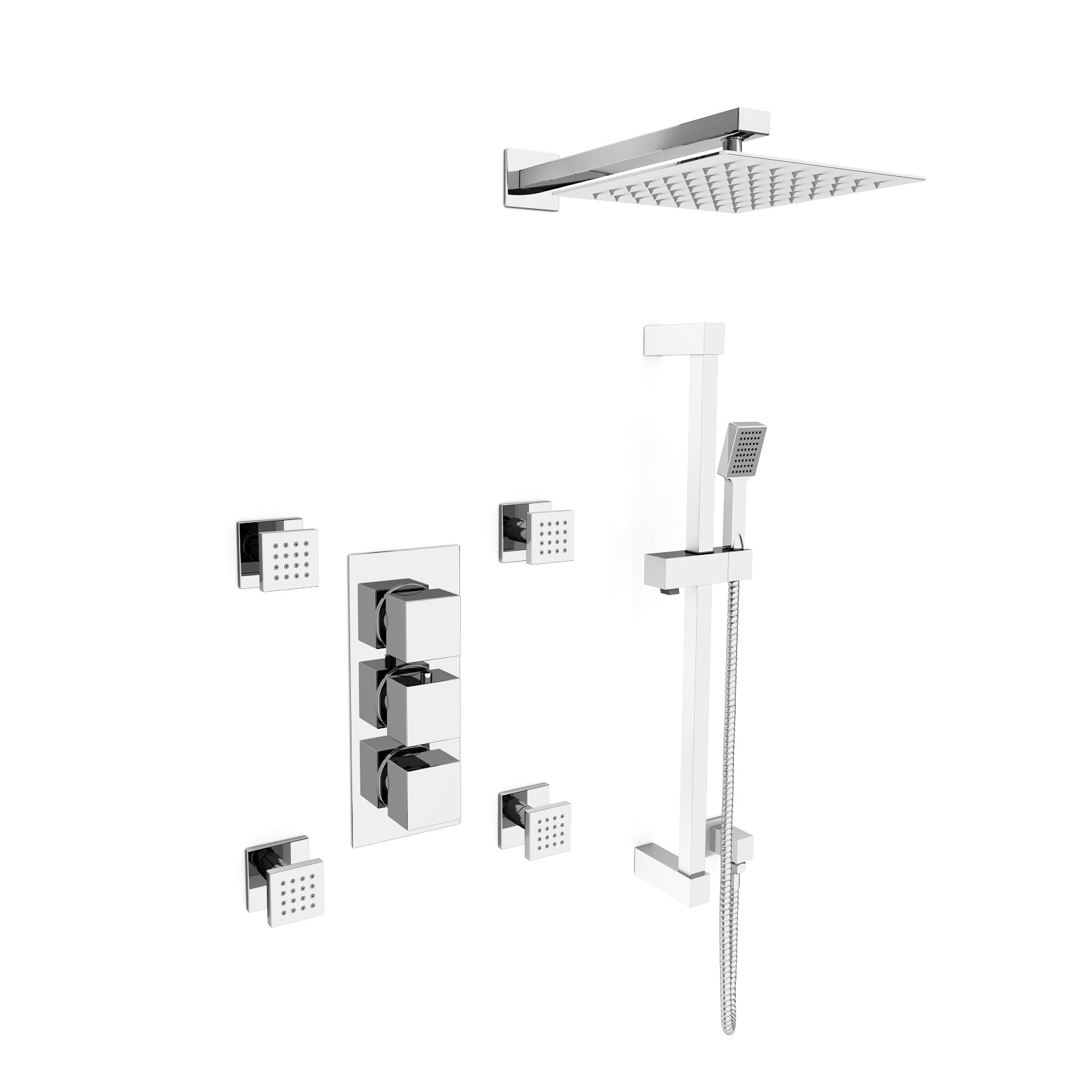 Olive Square 3 Way Concealed Thermostatic Shower Mixer Valve, Shower Head, Handset, Slider Rail, 4x Body Jets Set Chrome