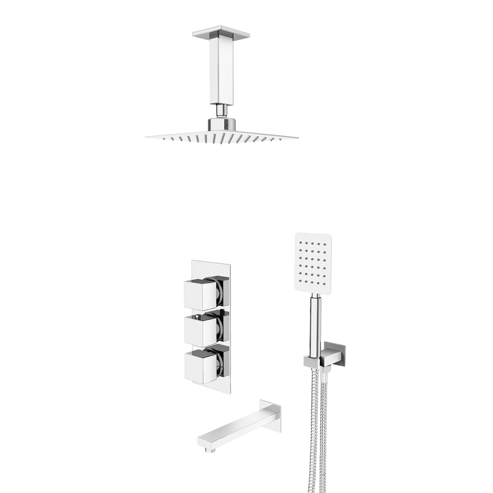 Olive Square 3 Way Concealed Thermostatic Shower Mixer Valve, Ceiling Shower Head, Handset, Spout Set Chrome