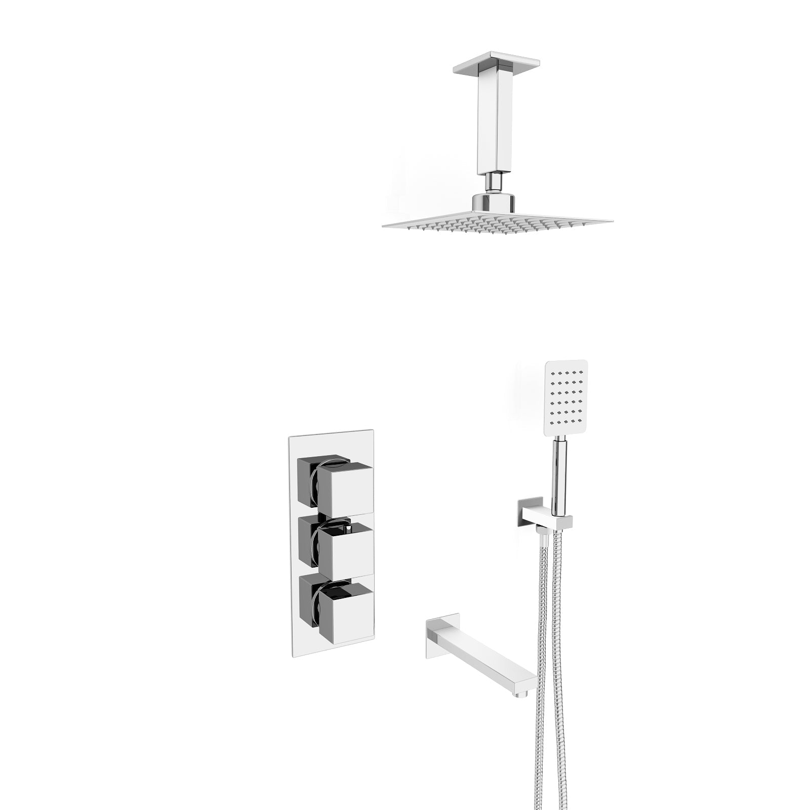 Olive Square 3 Way Concealed Thermostatic Shower Mixer Valve, Ceiling Shower Head, Handset, Spout Set Chrome