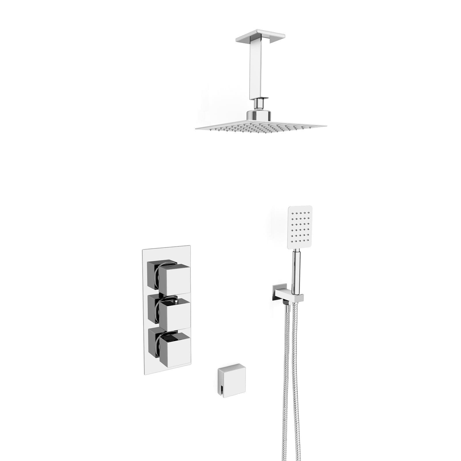 Olive Square 3 Way Concealed Thermostatic Shower Mixer Valve, Ceiling Shower Head, Handset, Bath Filler Set Chrome