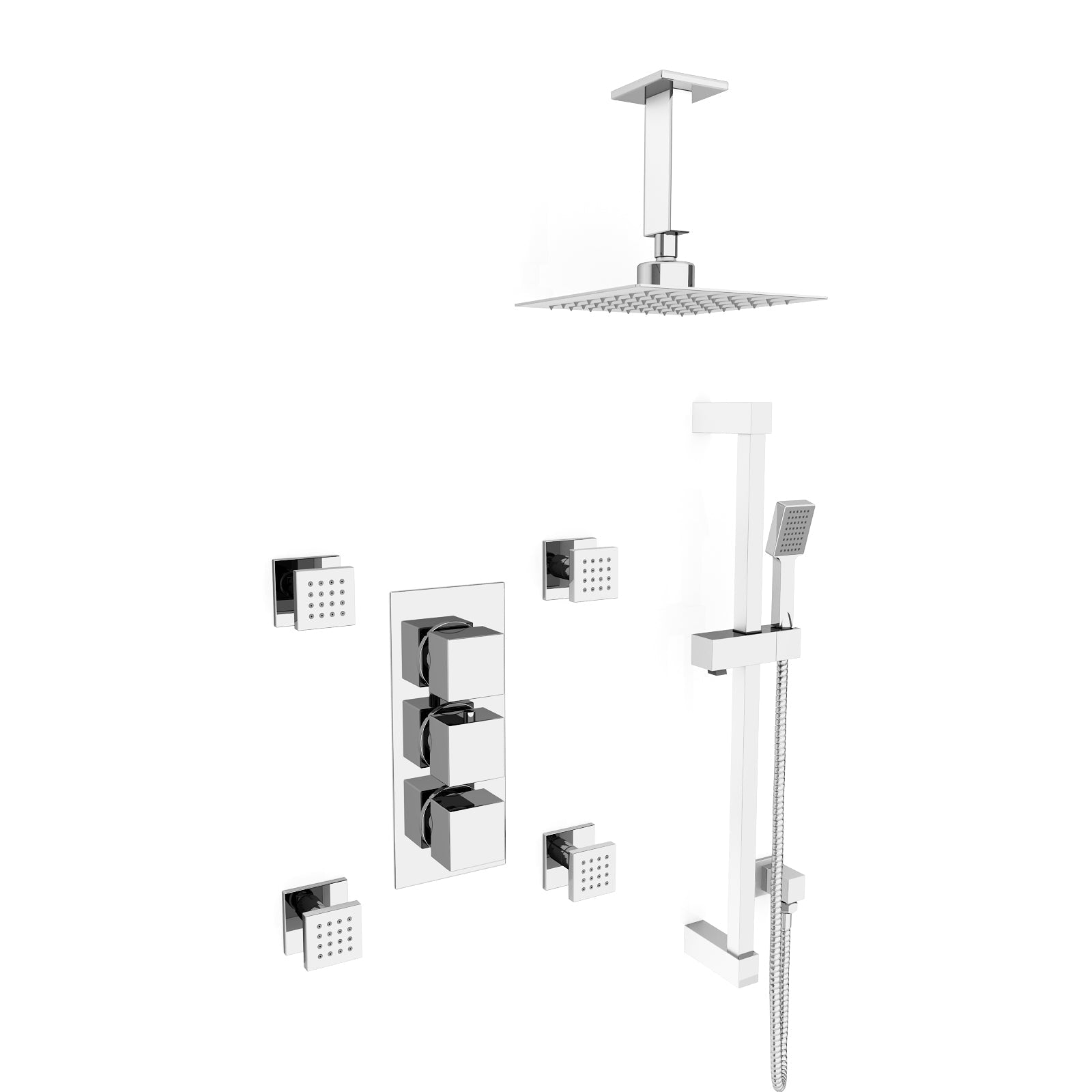 Olive Square 3 Way Concealed Thermostatic Shower Mixer Valve, Ceiling Shower Head, Handset, Slider Rail, 4x Body Jets Set Chrome
