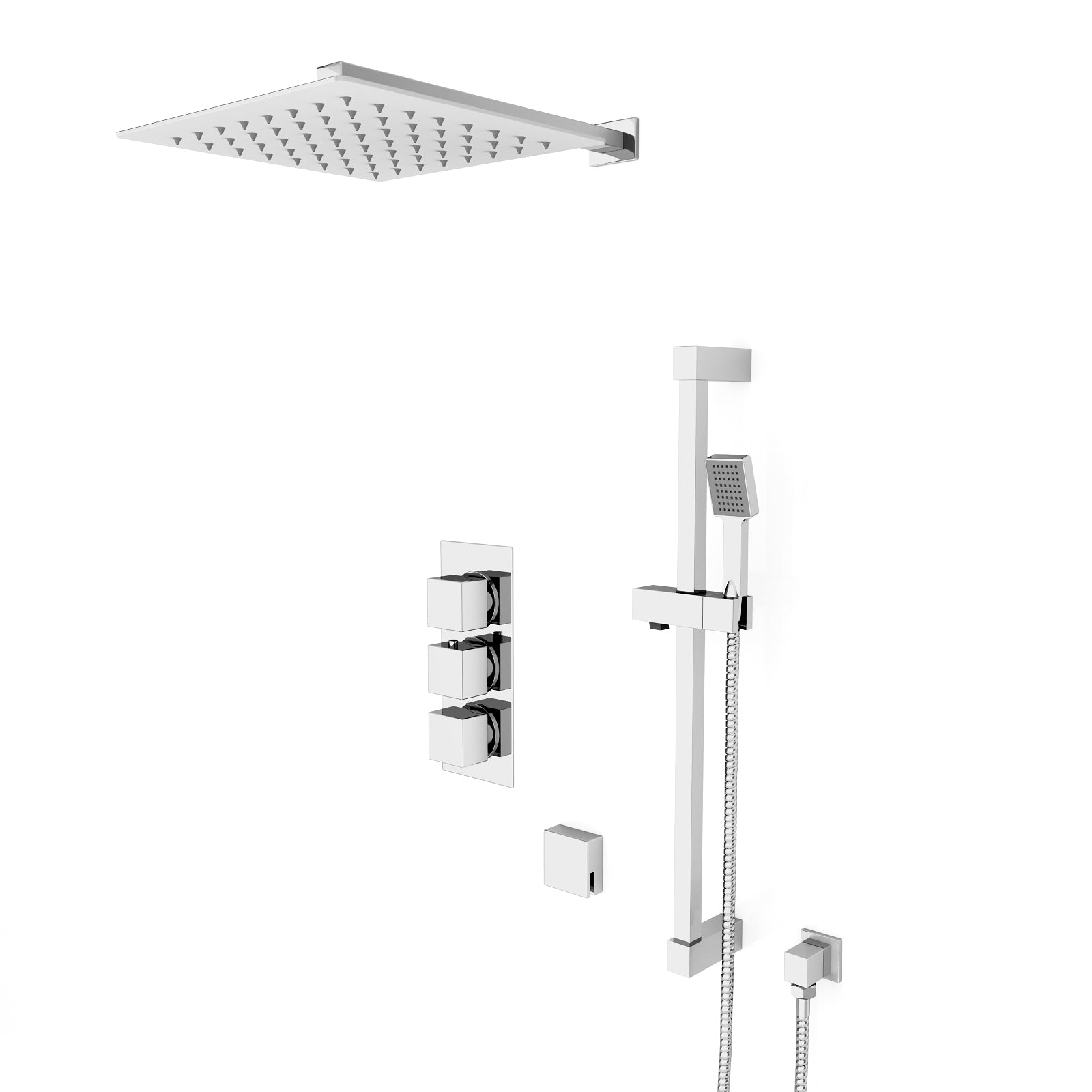 Olive Square 3 Way Concealed Thermostatic Shower Mixer Valve, Wall Shower Head, Handset, Slider Rail, Bath Filler Set Chrome