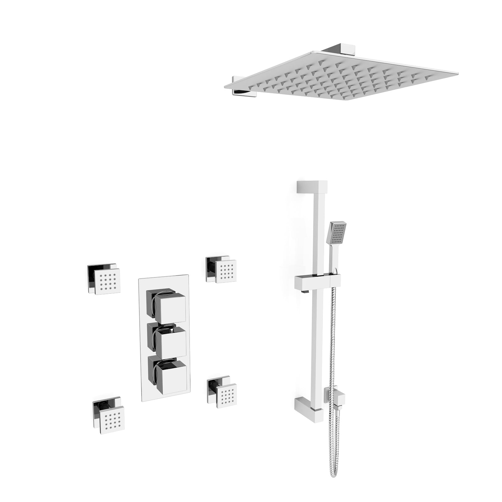 Olive Square 3 Way Concealed Thermostatic Shower Mixer Valve, Wall Shower Head, Handset, Slider Rail, Bath Filler Set Chrome