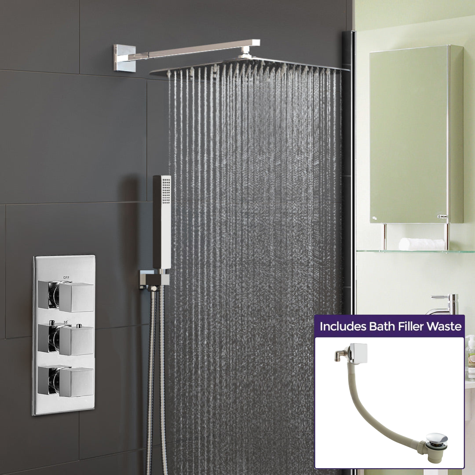 Olive 3 Way Square Concealed Thermostatic Hand Held Bath Shower 300 Slim Head