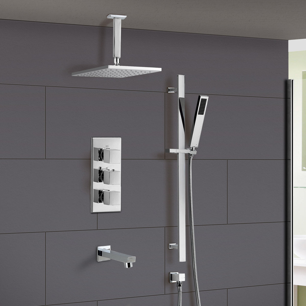 Bathroom Concealed Thermostatic Shower Mixer Tap With Head Bath Filler & Handset Rail