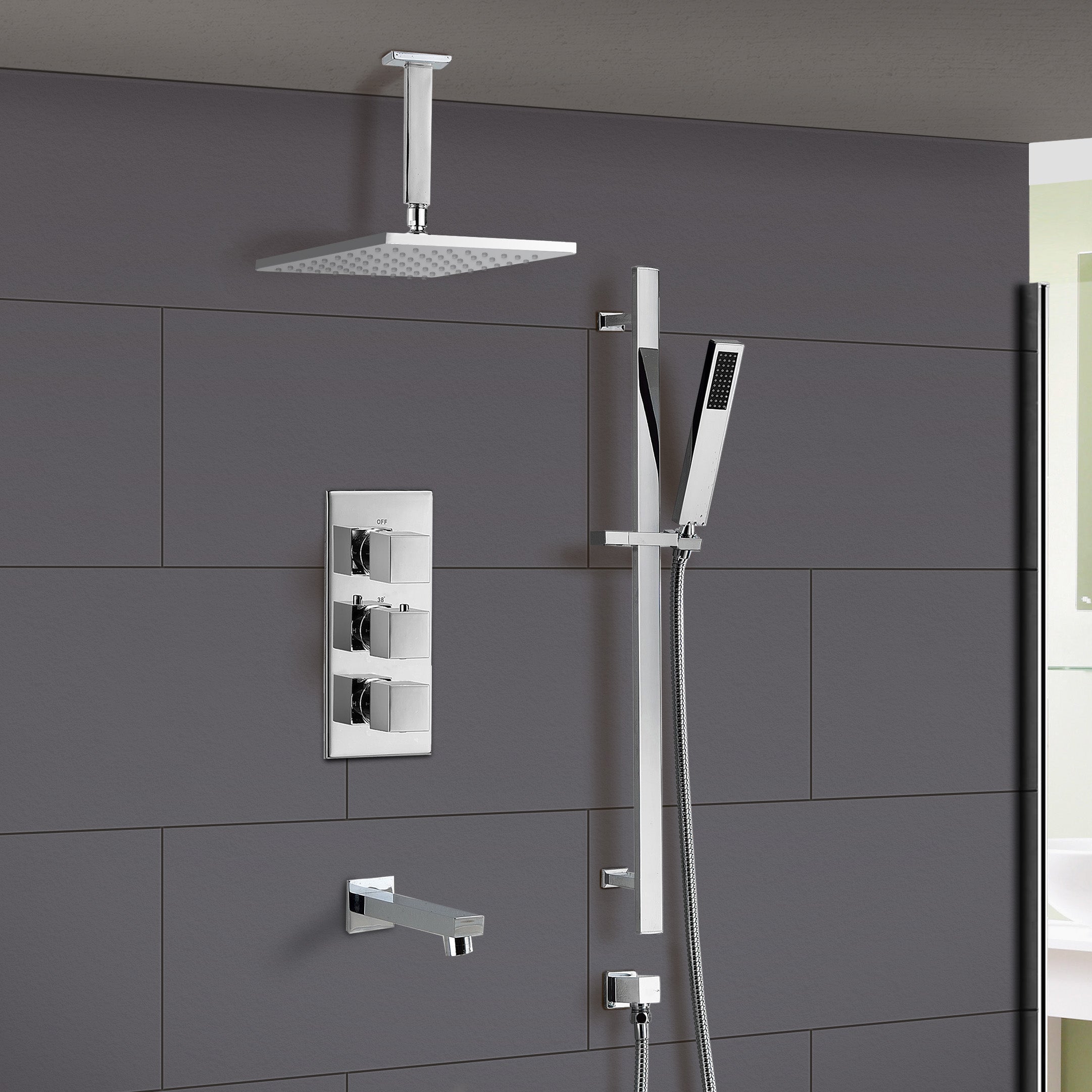 Bathroom Concealed Thermostatic Shower Mixer Tap With Head Bath Filler & Handset Rail