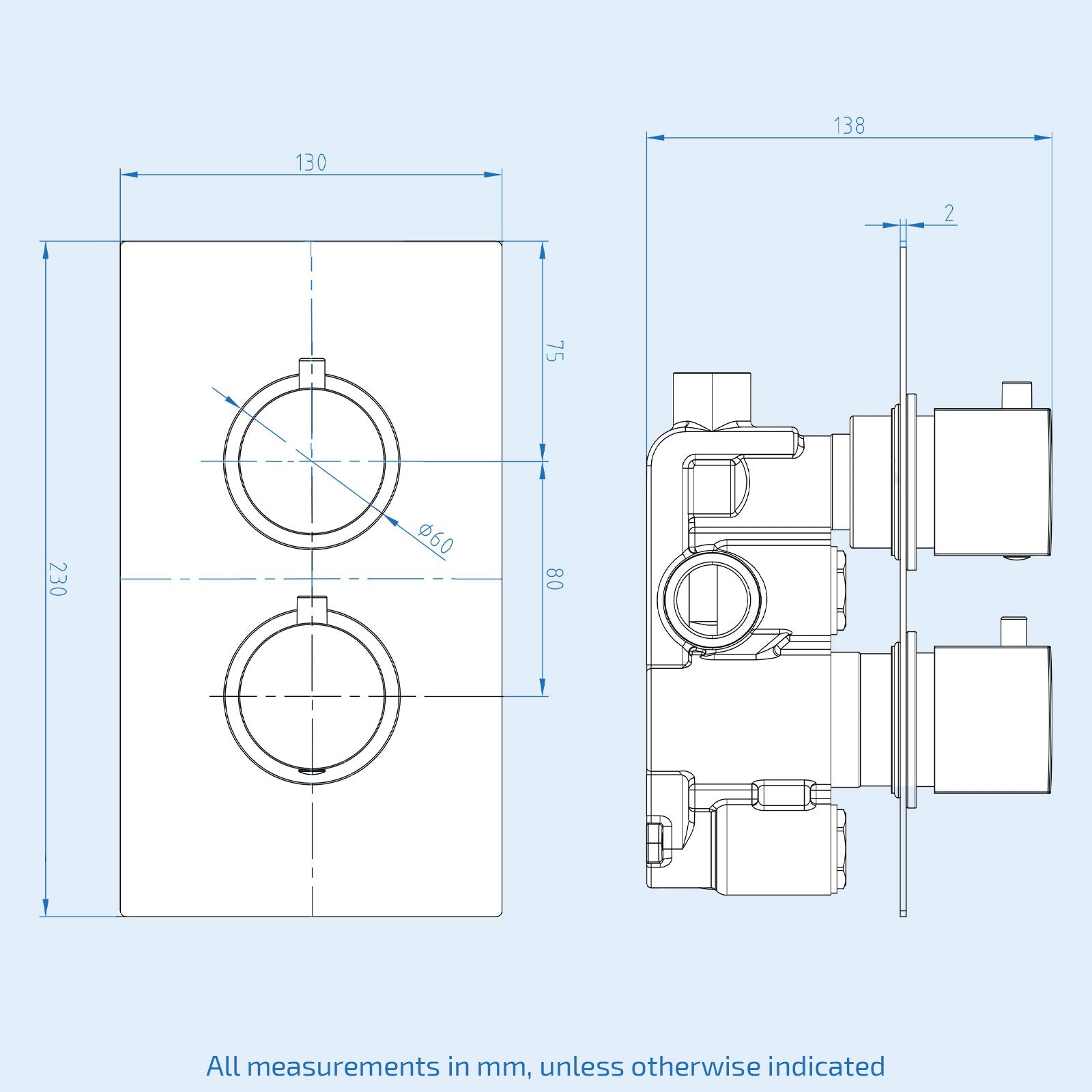 2 Dial 1 Round Outlet Concealed Thermostatic Shower