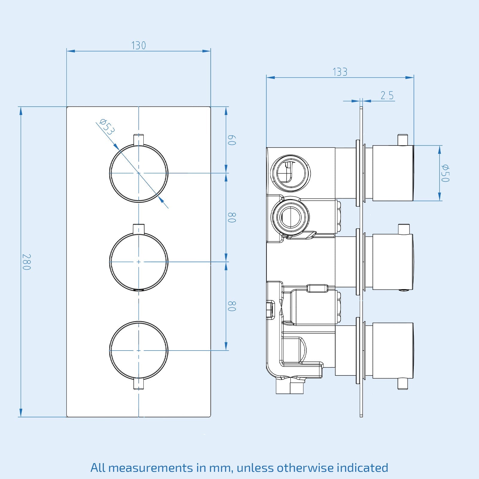 Wilden 3 Dial 3 Outlet Concealed Thermostatic Shower Round Valve