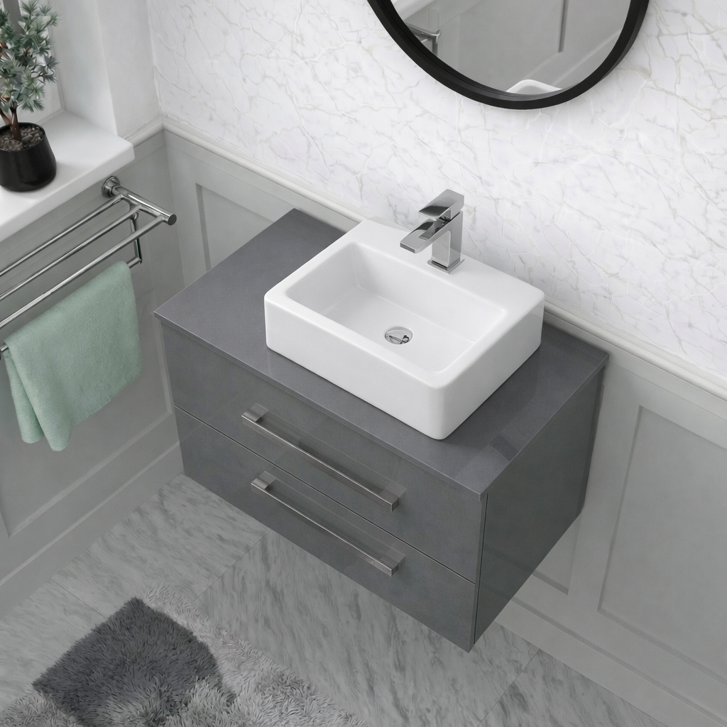 Nanuya 800mm Steel Grey Wall Hung 2 Drawer Vanity Unit & 420mm Cloakroom Rectangular Countertop Basin Set
