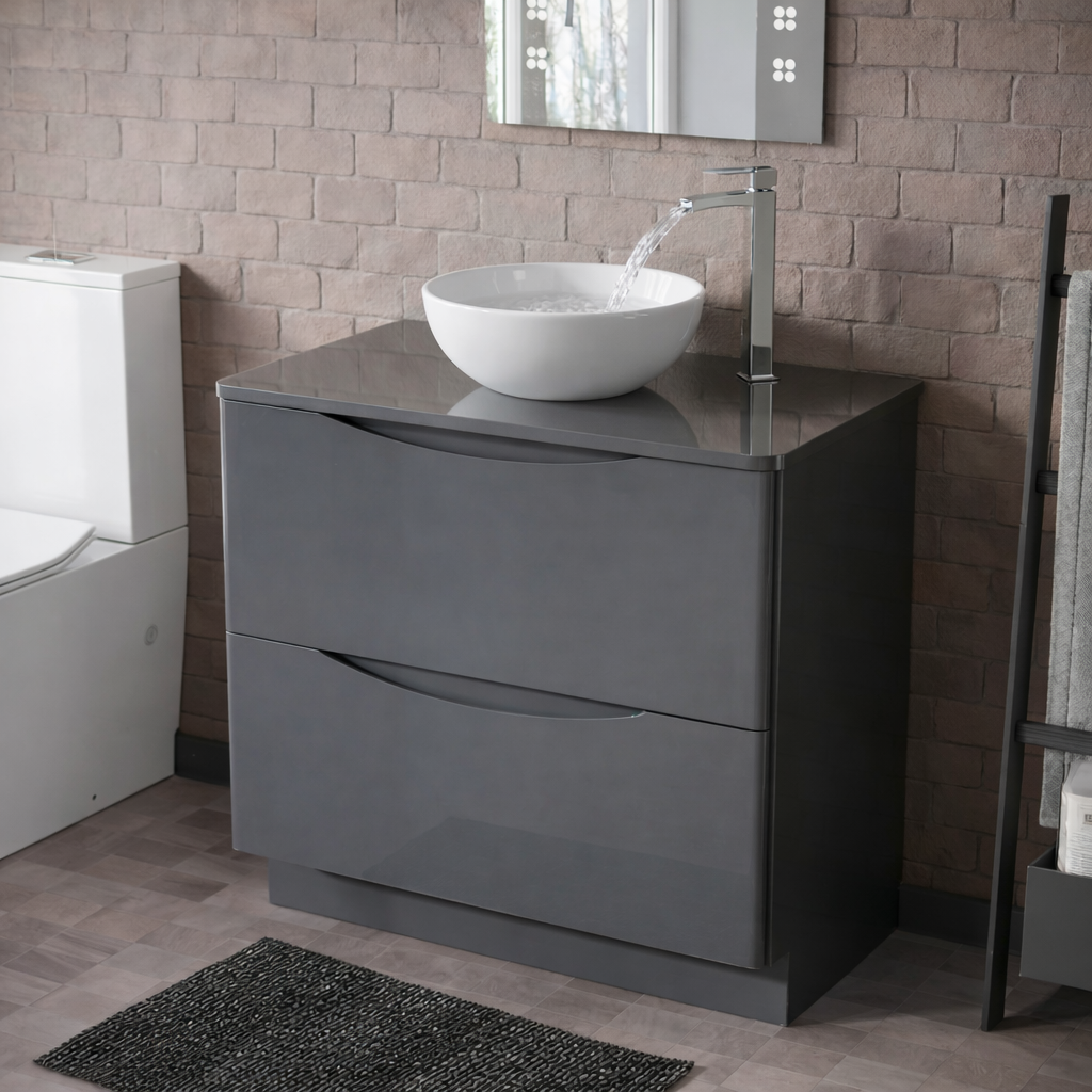 Merton 800mm Dark Grey Freestanding Countertop Vanity Basin Unit 2-Drawer Cabinet with 320mm Round White Countertop Basin