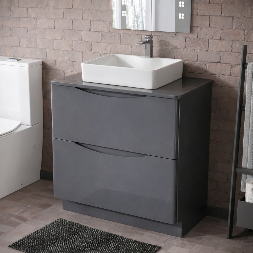 Merton 800mm Dark Grey Freestanding Countertop Vanity Basin Unit 2-Drawer Cabinet with 485mm Rectangle White Countertop Basin