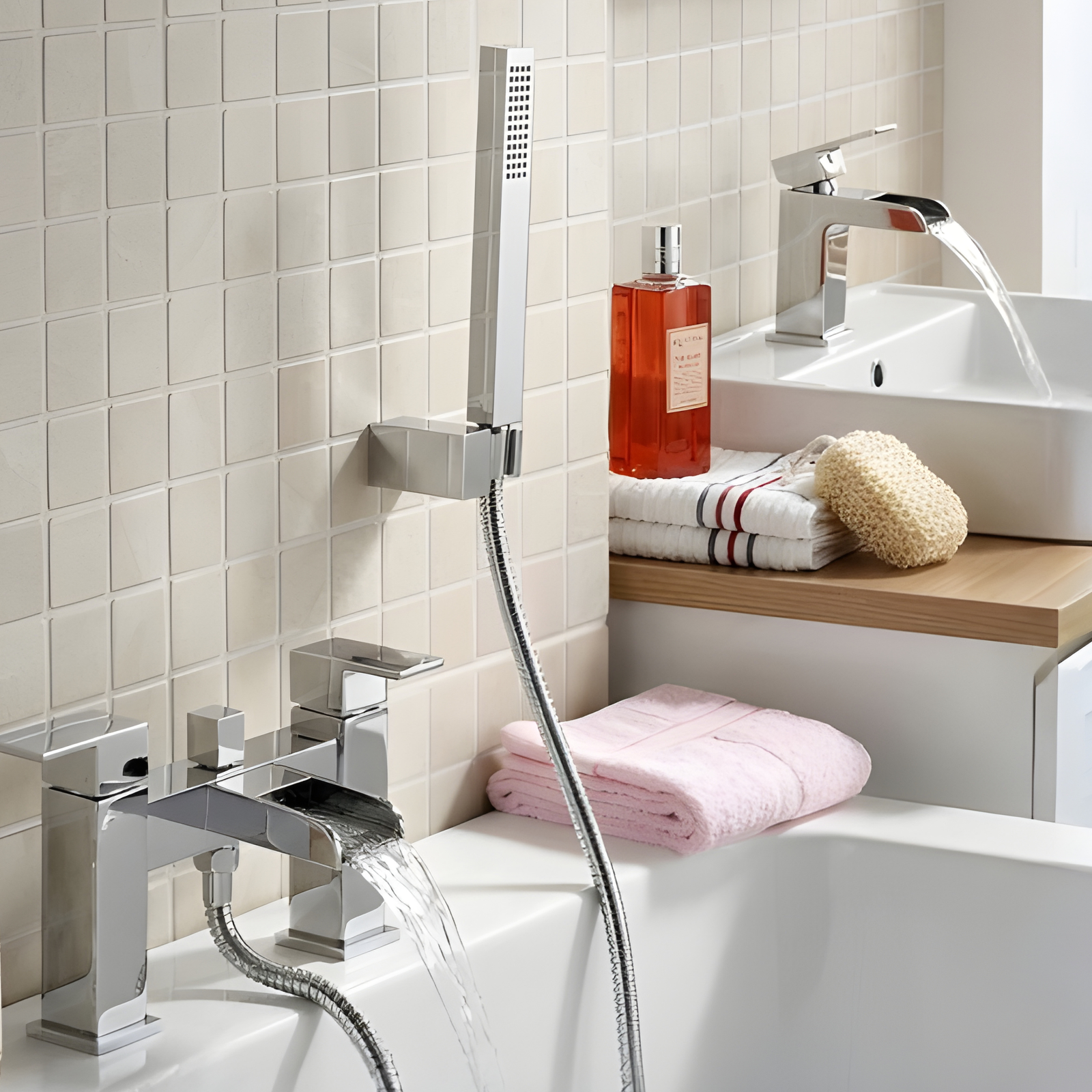 Ozone Contemporary Waterfall Deck Mounted Bath Shower & Basin Sink Mono Mixer Tap Set