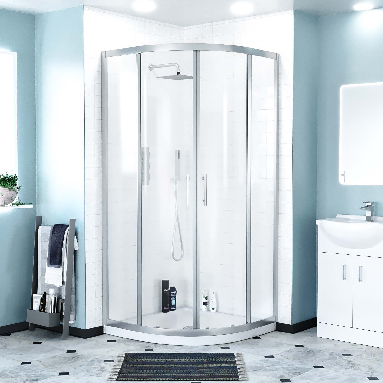 Ellen Rimless Close Coupled Toilet, Flat Pack Vanity Basin Unit, 900mm Quadrant Shower Enclosure and Shower Tray Suite White