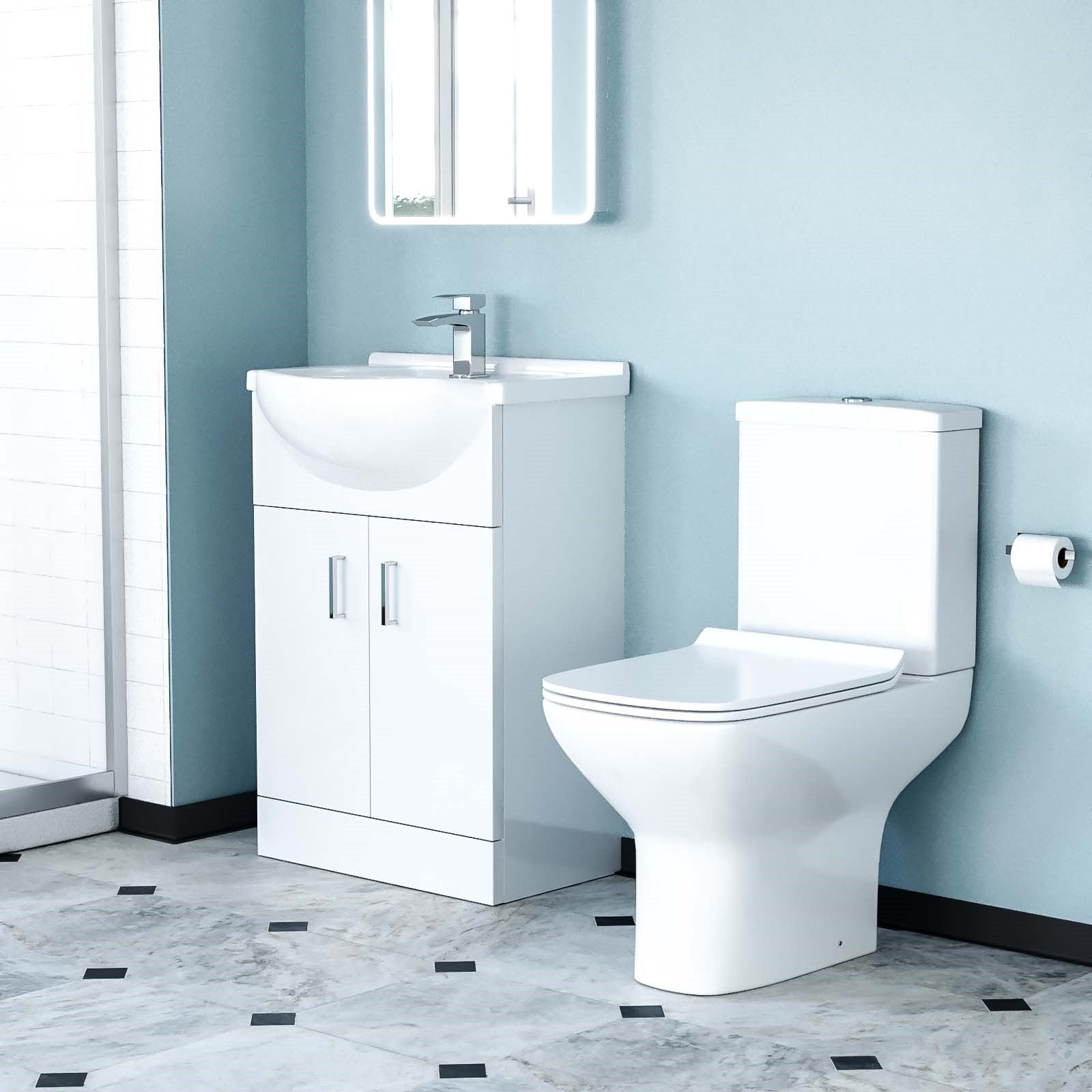 Ellen Rimless Close Coupled Toilet, Flat Pack Vanity Basin Unit, 800mm Quadrant Shower Enclosure and Shower Tray Suite White