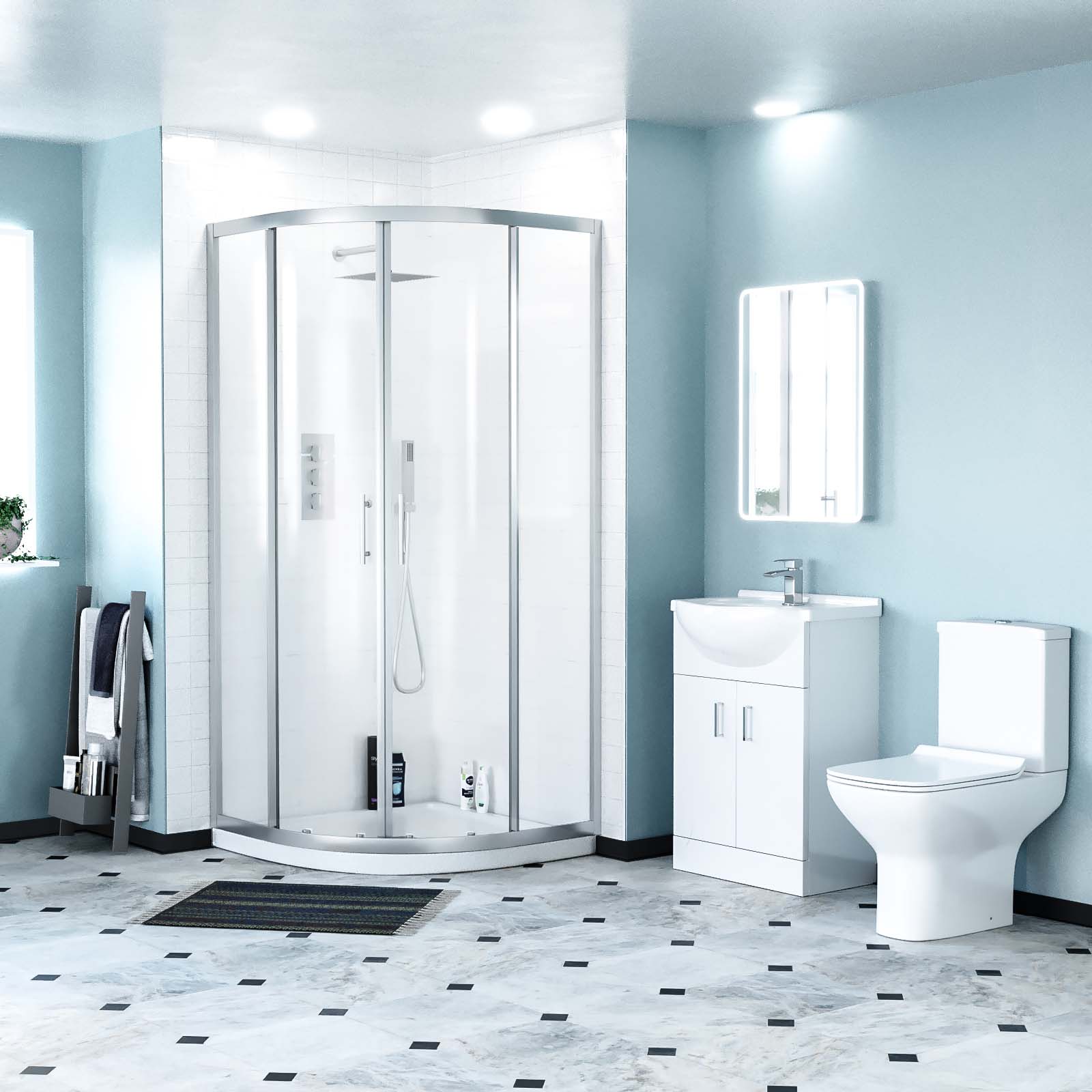 Ellen Rimless Close Coupled Toilet, Flat Pack Vanity Basin Unit, 800mm Quadrant Shower Enclosure and Shower Tray Suite White