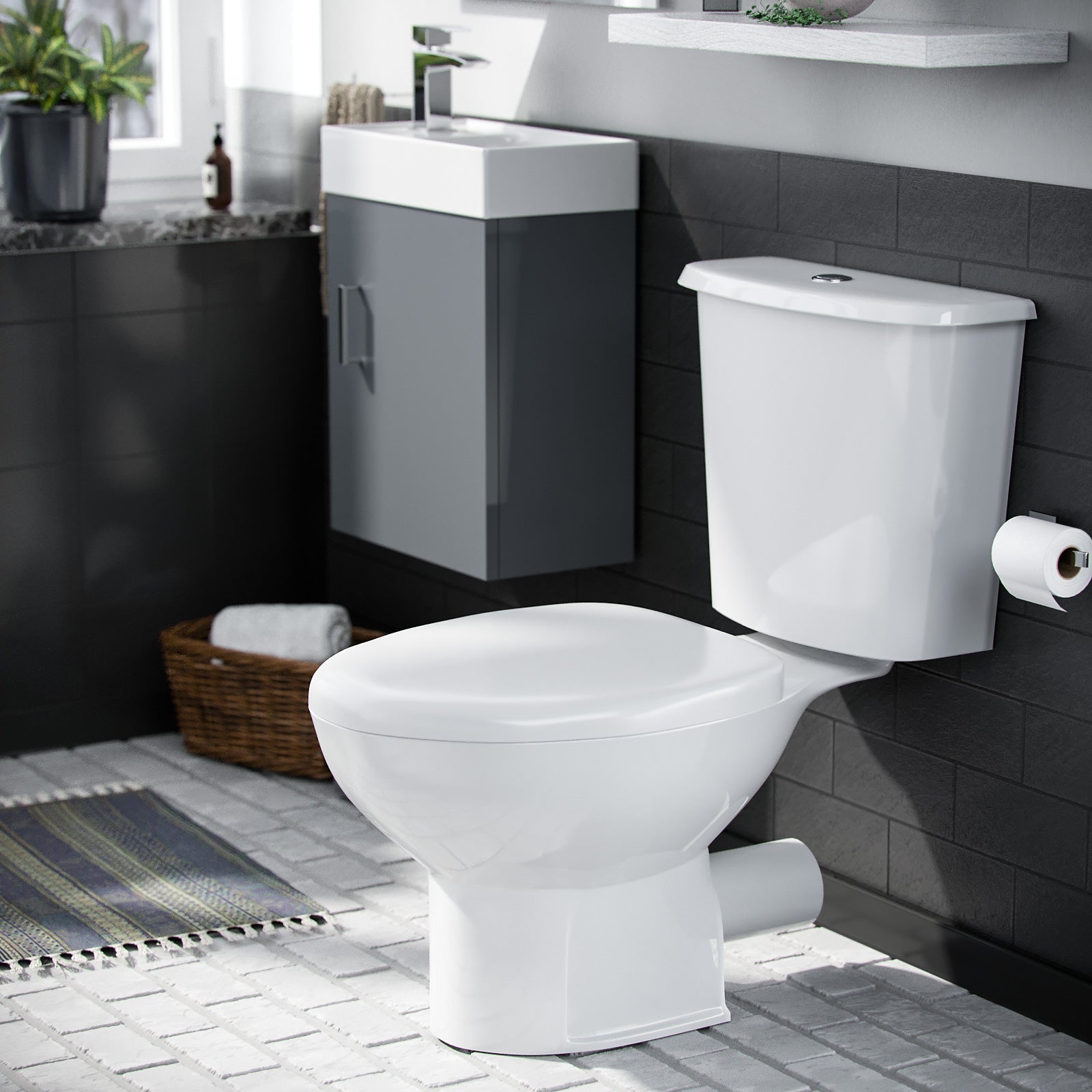 Nanuya 400mm Cloakroom Wall Hung Basin Vanity Unit & Close Coupled Toilet Dark Grey