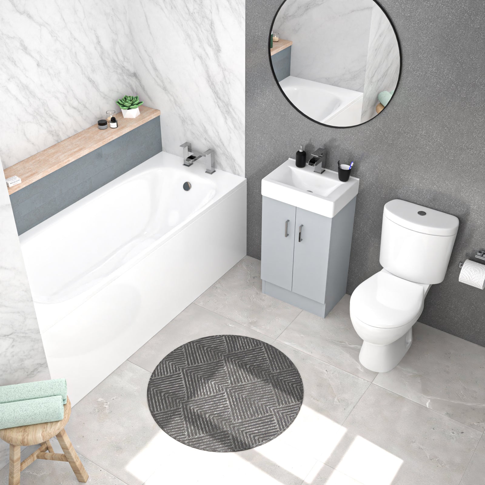 Nanuya 450mm Matte Grey Basin Vanity Unit, Rimless Toilet & Round Bath