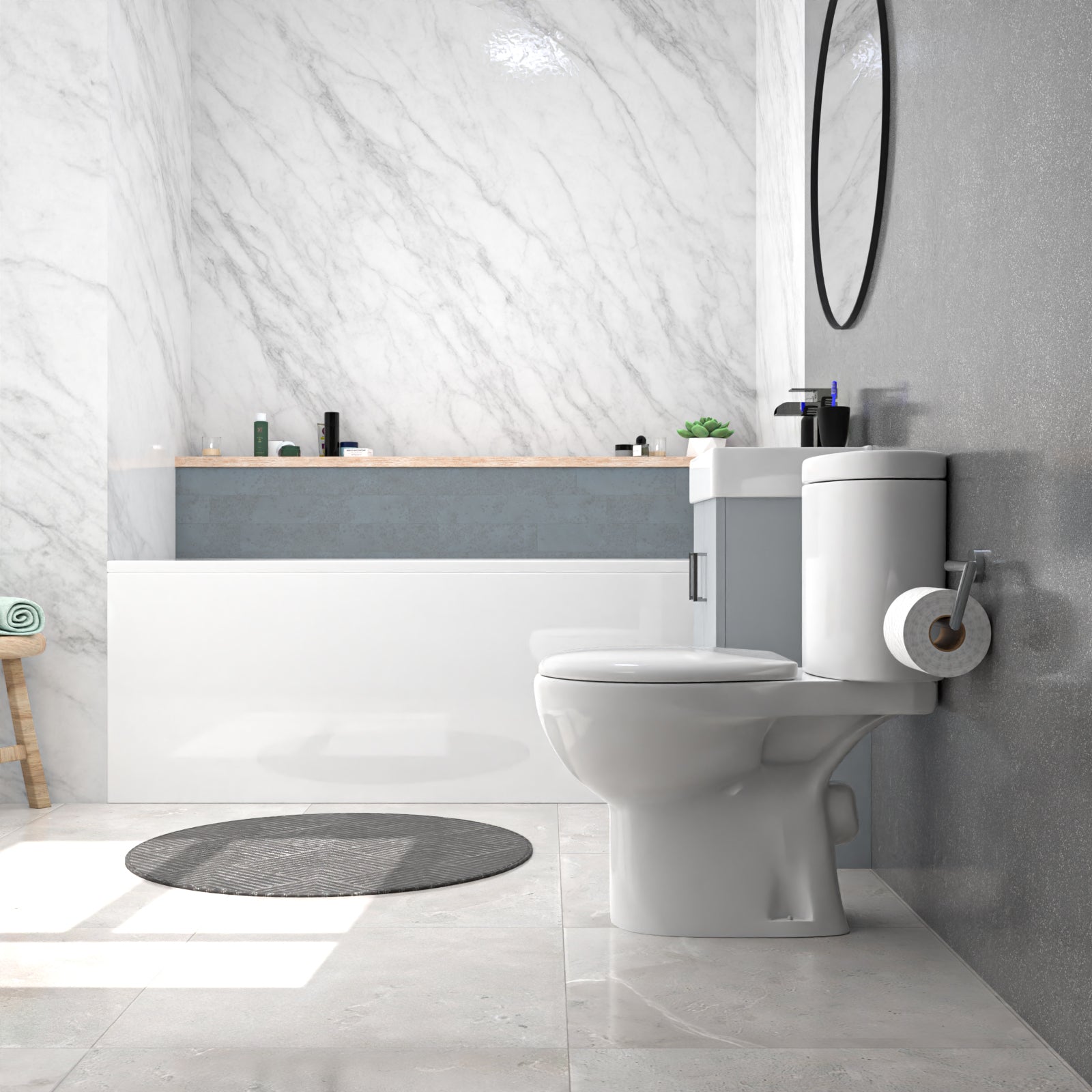 Nanuya 450mm Matte Grey Basin Vanity Unit, Rimless Toilet & Round Bath