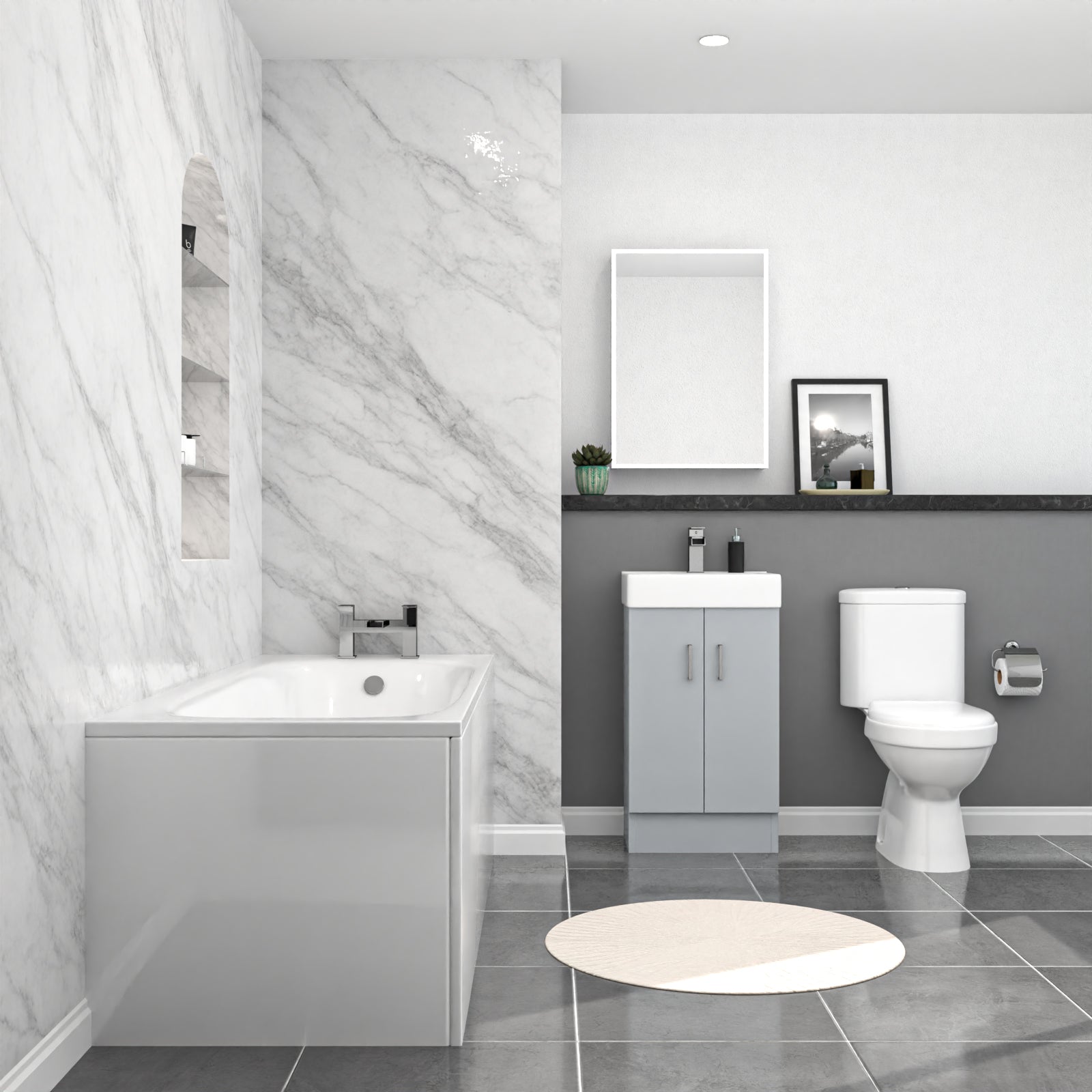 Nanuya 450mm Matte Grey Basin Vanity, Rimless Toilet, Round Bath With Panels