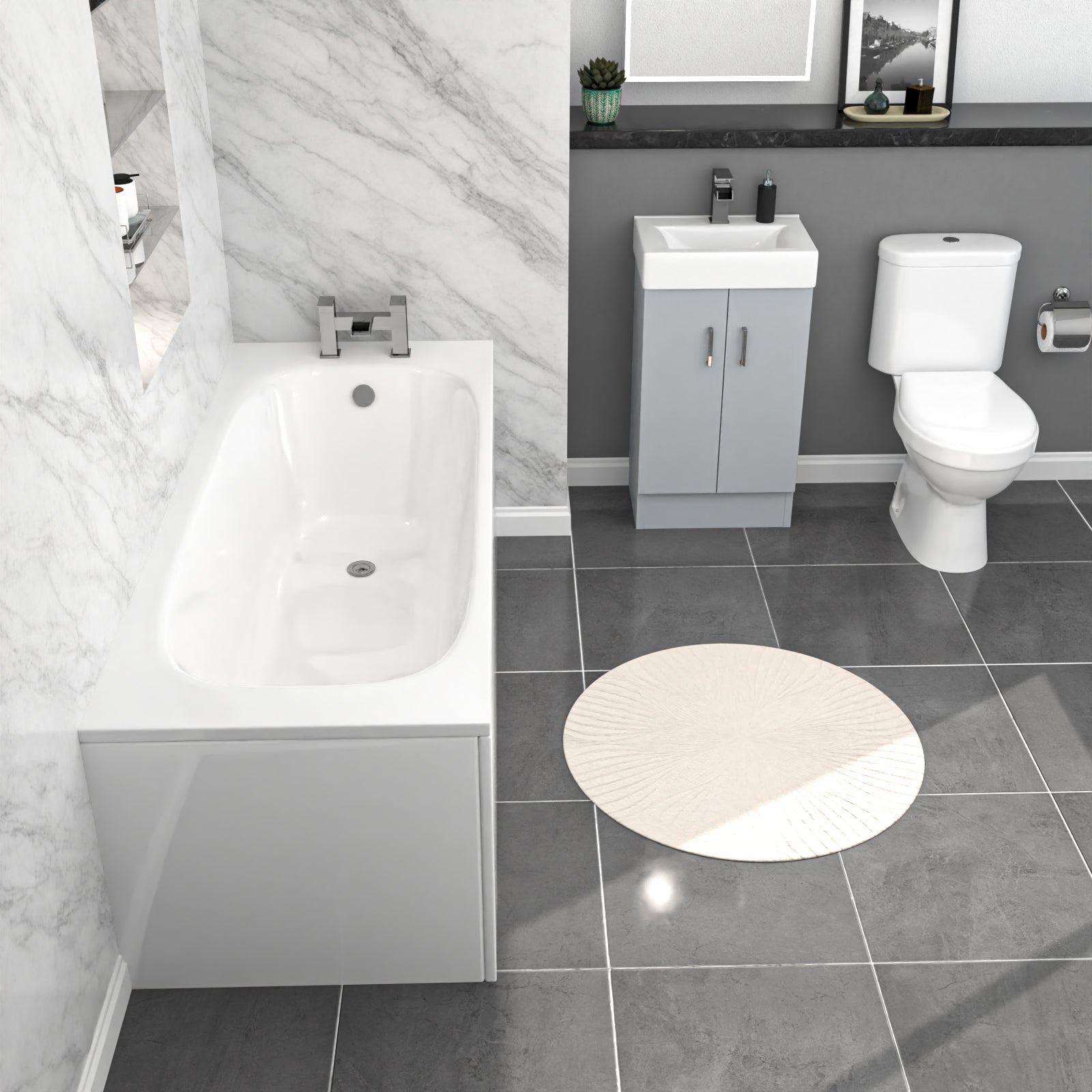 Nanuya 450mm Matte Grey Basin Vanity, Rimless Toilet, Round Bath With Panels