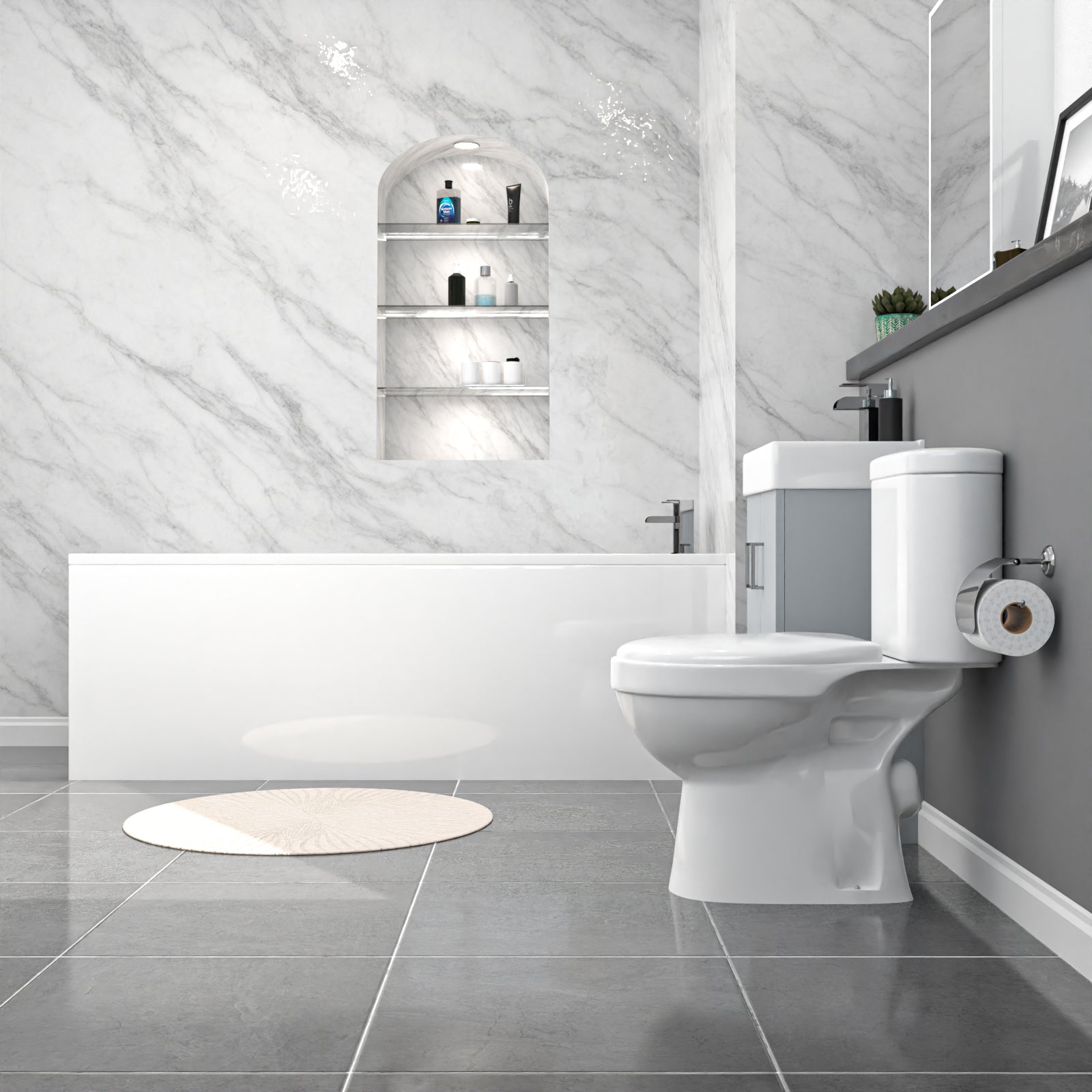 Nanuya 450mm Matte Grey Basin Vanity, Rimless Toilet, Round Bath With Panels