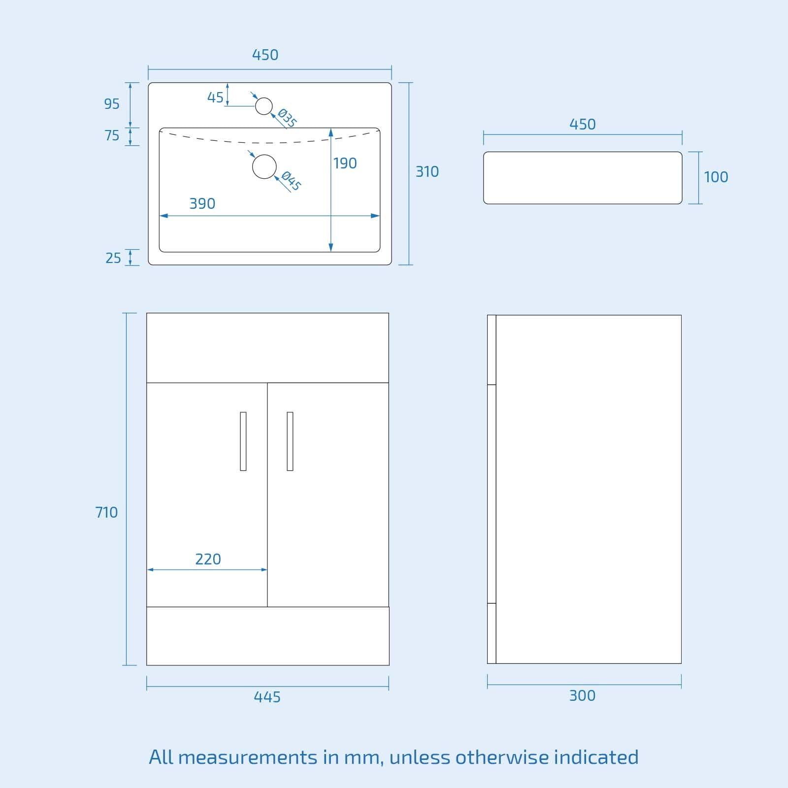 Technical drawing of a kitchen cabinet with dimensions on a light blue background