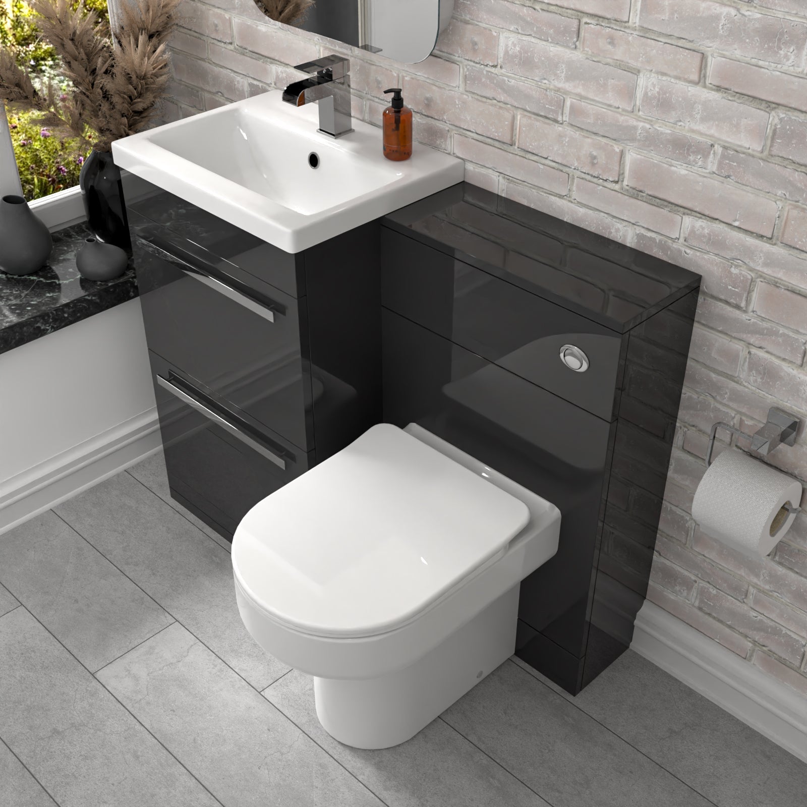 Nanuya 2 Drawers Dark Grey Basin Vanity, WC Unit & Back To Wall Comfort Toilet